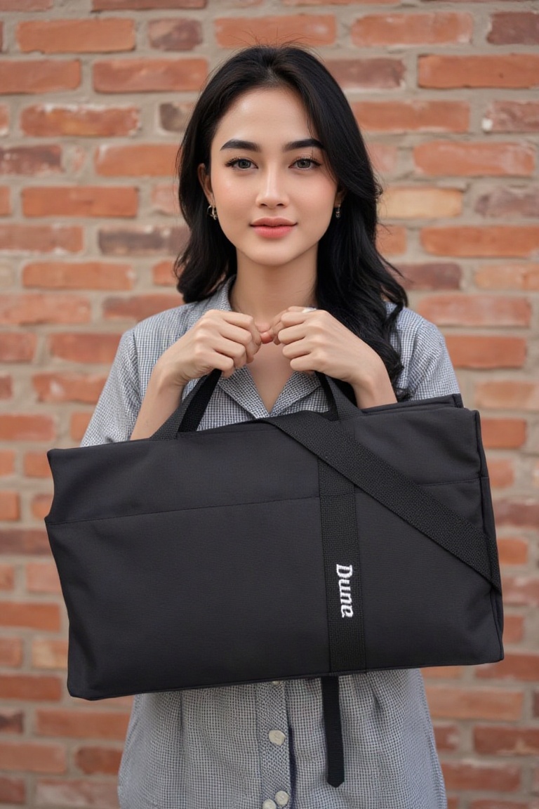 holding_duma_bag,  a photorealistic of 4rlidaputr1,  a young asian woman standing against the brick wall on Tensor.Art