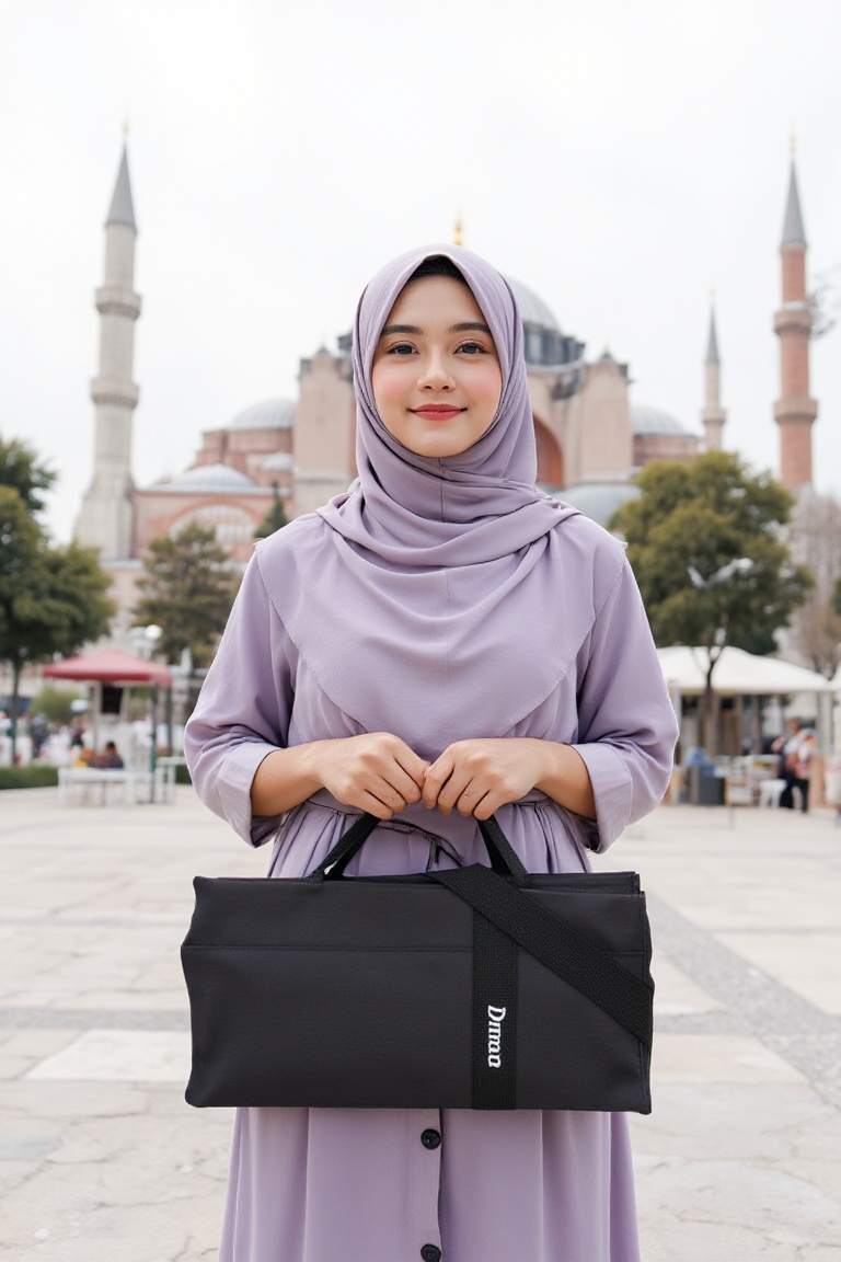 holding_duma_bag,  A Muslim woman stands cutely,  the background is Hagia Sophia mosque from afar. Wearing flowing light p...