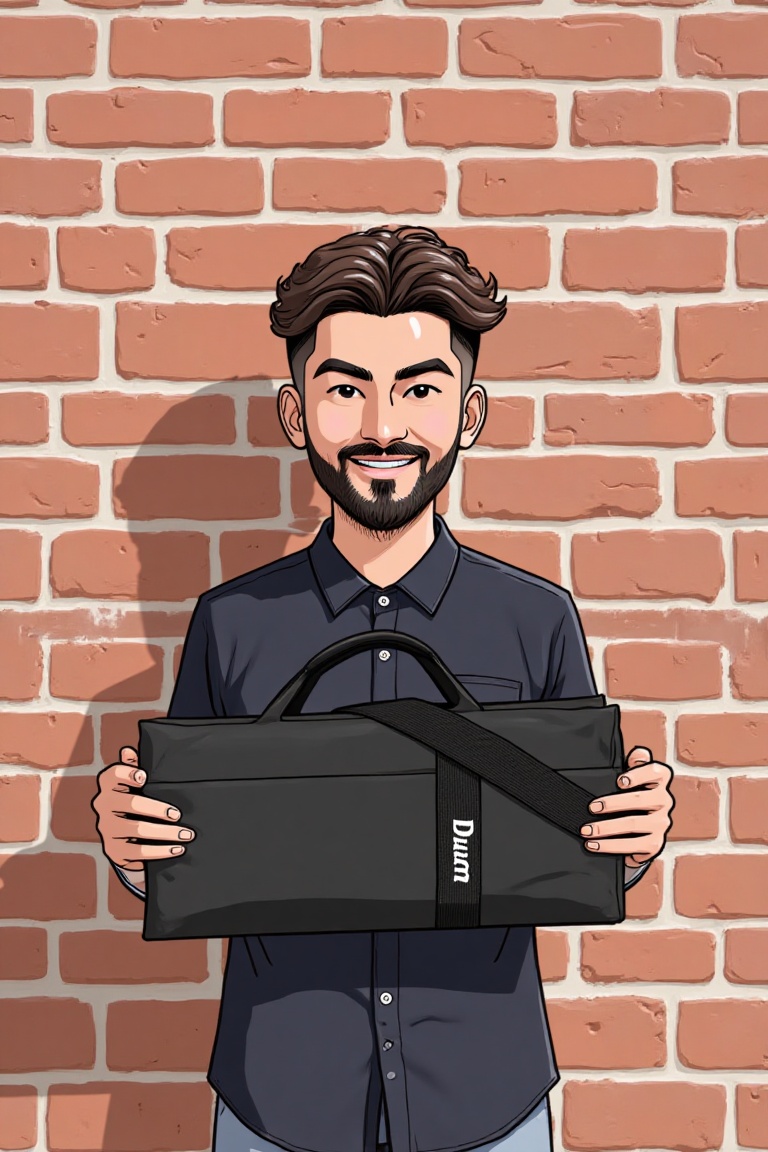 holding_duma_bag,  a cartoon drawing of fashionable facial hair man standing against the brick wall ,  holding realistic d...