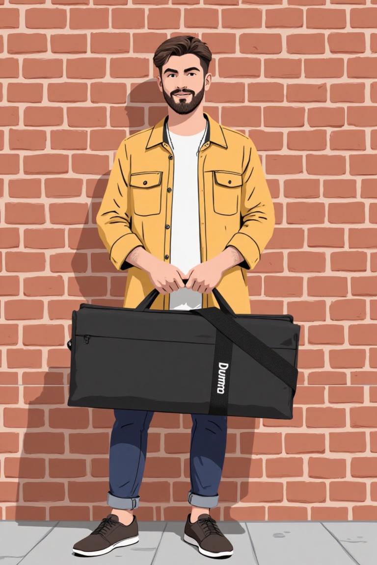 holding_duma_bag,  a minimalist illustration style of fashionable facial hair man standing against the brick wall ,  holdi...