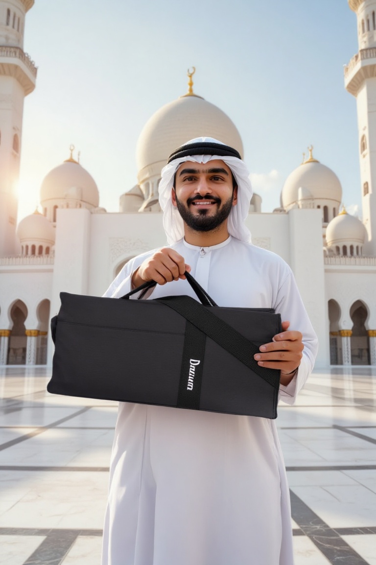 holding_duma_bag,  photorealistic of A arabic man stands masculine,  the background is Sheikh Zayed Grand mosque from afar...