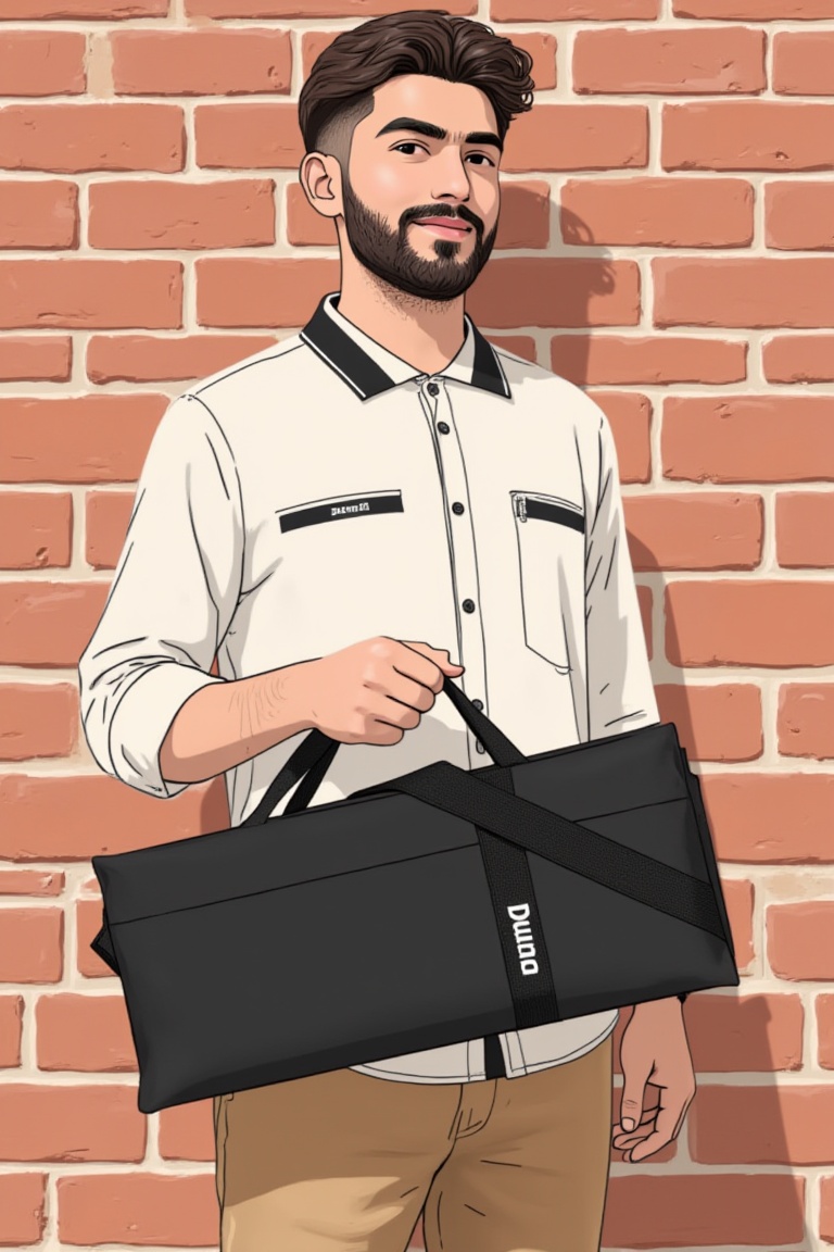 holding_duma_bag,  a minimalist illustration style of fashionable facial hair man standing against the brick wall ,  holdi...