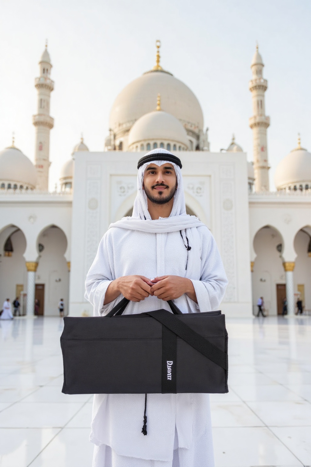 holding_duma_bag,  photorealistic of The Mandalorian stands masculine,  the background is Sheikh Zayed Grand mosque from a...