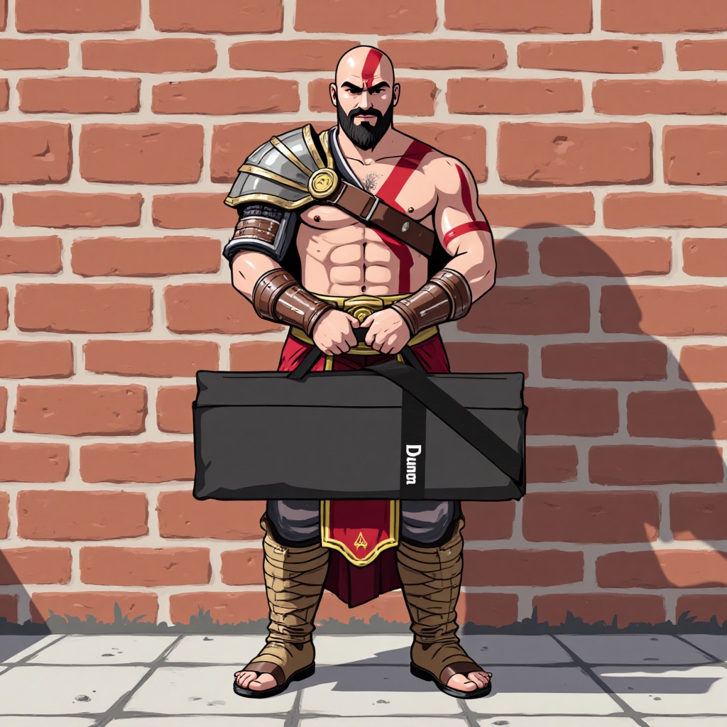 holding_duma_bag,  a minimalist illustration style of kratos god of war standing against the brick wall ,  holding duma ba...