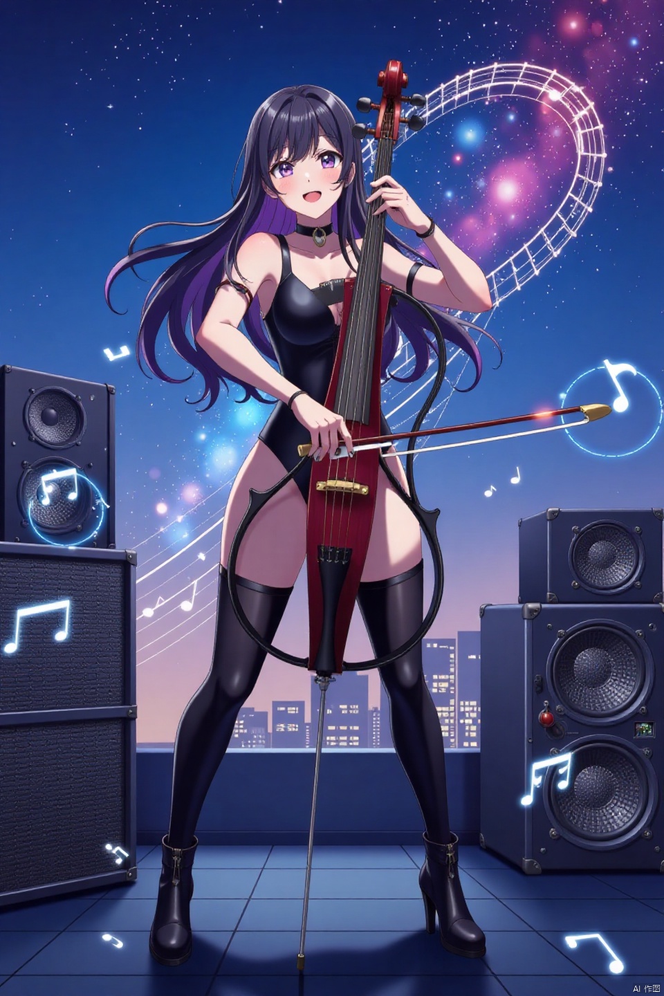  in dynamic angle A breathtaking flat-colored anime screencap showcases in a captivating big-breasted cougar,embodying the harmonious blend of artistry and sensuality.The dynamic-pose finds her donning a punk-inspired highleg leather leotard, leather thighboots,eargear,sunglasses above head,and elbow-length gloves,with flowing multicolored streaked long hair framing the scene.As she stand and bowing a electric cello using a bow, swirling musical notation swirls around her. Amidst skyscraper with speaker,amplifier  and star-trail with galaxy backdrops, her expressive features radiate energy and artistic passion, drawing the viewer into the midst of her creative fervor.