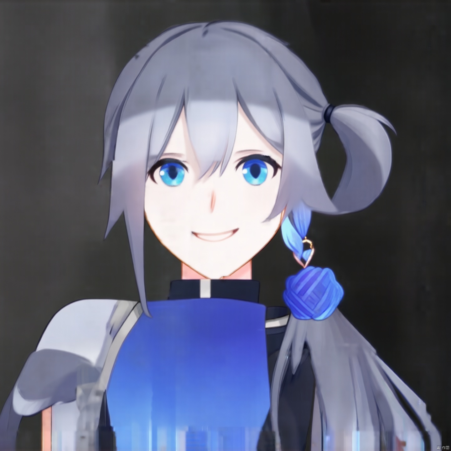 (grey background:1.2),looking at viewer,(SOLO:1.4),outline,simple background,fu_hua, fu_hua cgver, long hair, bangs,blue eyes, hair between eyes, ponytail, hair ornament, grey hair, blue hair,smile, earrings