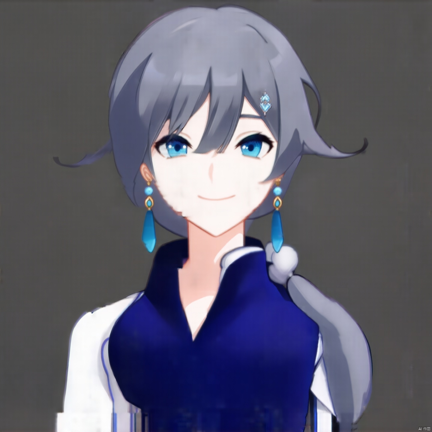 (grey background:1.2),looking at viewer,(SOLO:1.4),outline,simple background,fu_hua, fu_hua cgver, long hair, bangs,blue eyes, hair between eyes, ponytail, hair ornament, grey hair, blue hair,smile, earrings