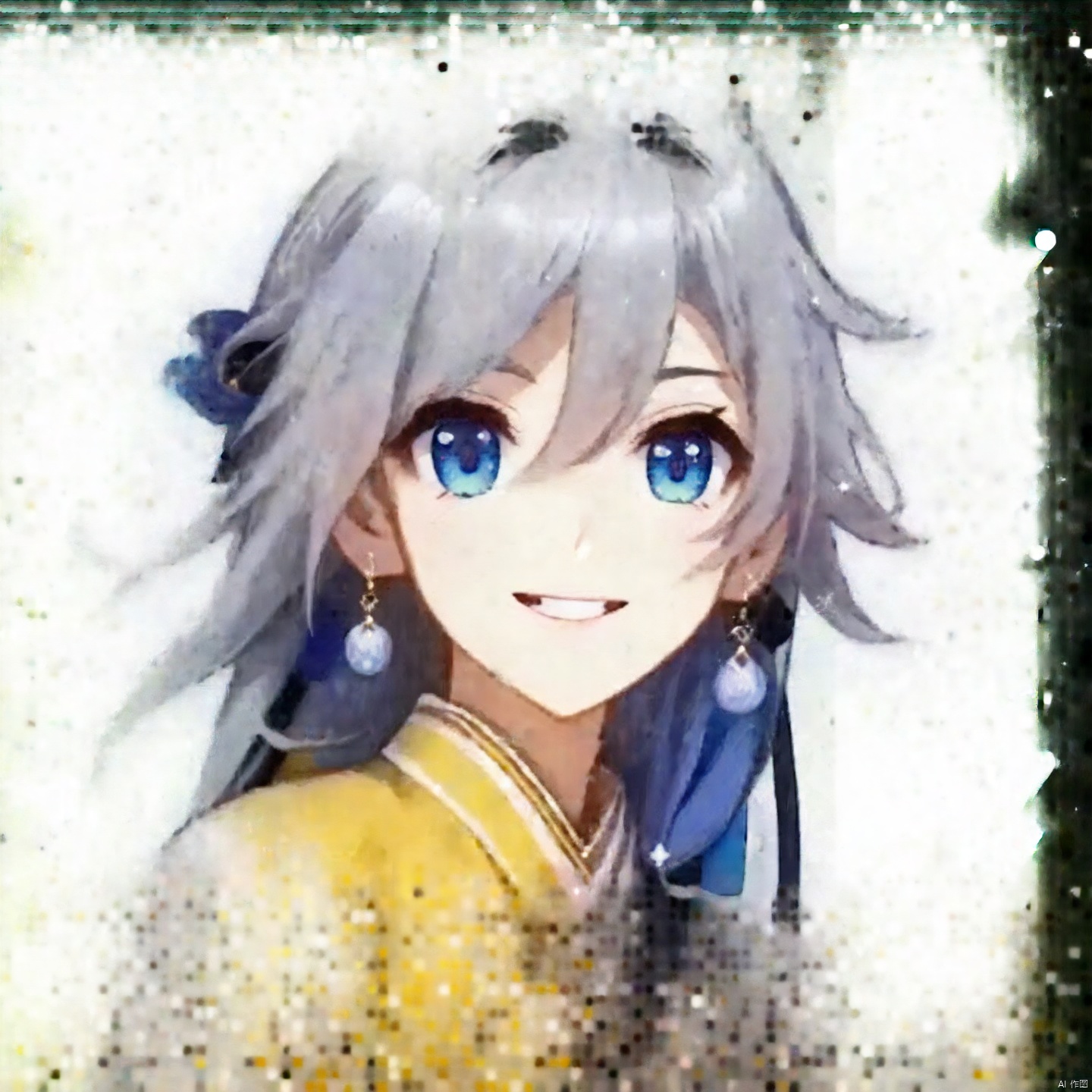 fu_hua, fu_hua cgver, long hair, bangs,blue eyes, hair between eyes, ponytail, hair ornament, grey hair, blue hair,smile, earrings