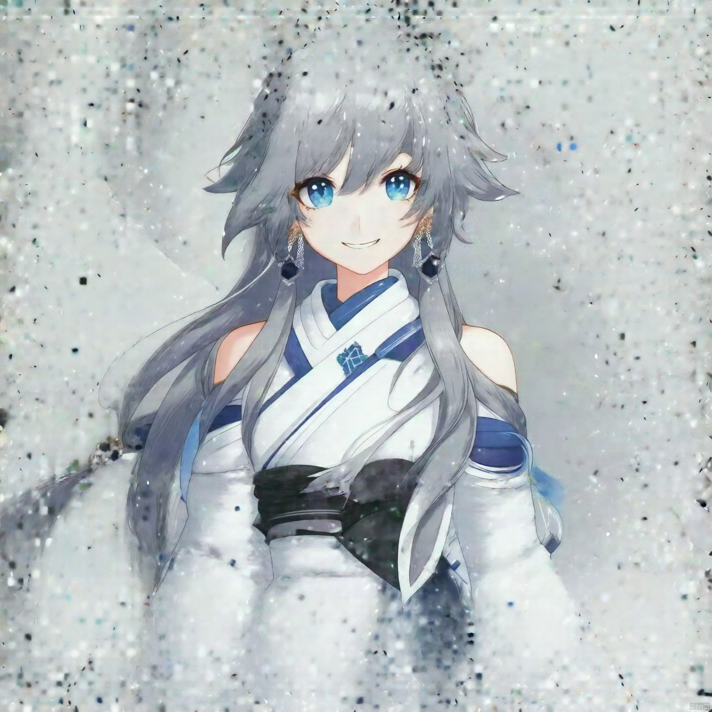 (grey background:1.2),looking at viewer,(SOLO:1.4),outline,simple background,fu_hua, fu_hua cgver, long hair, bangs,blue eyes, hair between eyes, ponytail, hair ornament, grey hair, blue hair,smile, earrings