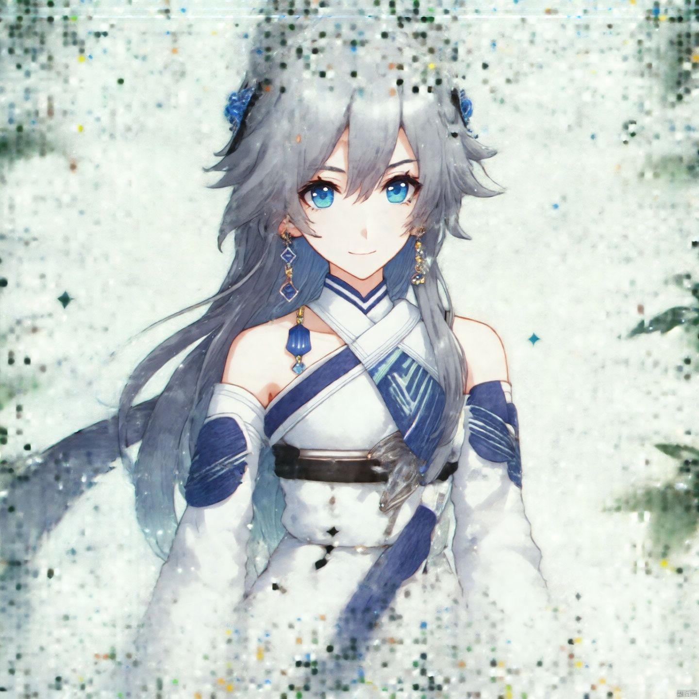 fu_hua, fu_hua cgver, long hair, bangs,blue eyes, hair between eyes, ponytail, hair ornament, grey hair, blue hair,smile, earrings