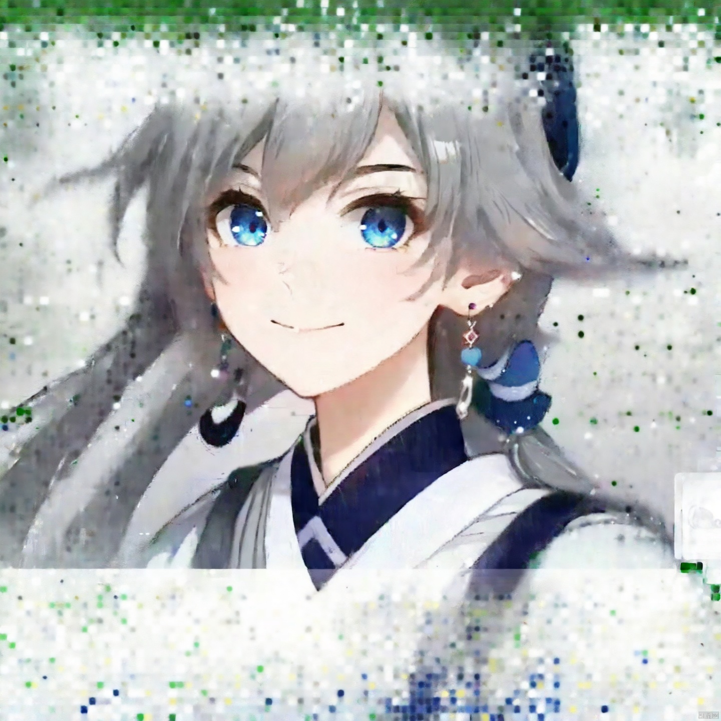 (grey background:1.2),looking at viewer,(SOLO:1.4),outline,simple background,fu_hua, fu_hua cgver, long hair, bangs,blue eyes, hair between eyes, ponytail, hair ornament, grey hair, blue hair,smile, earrings