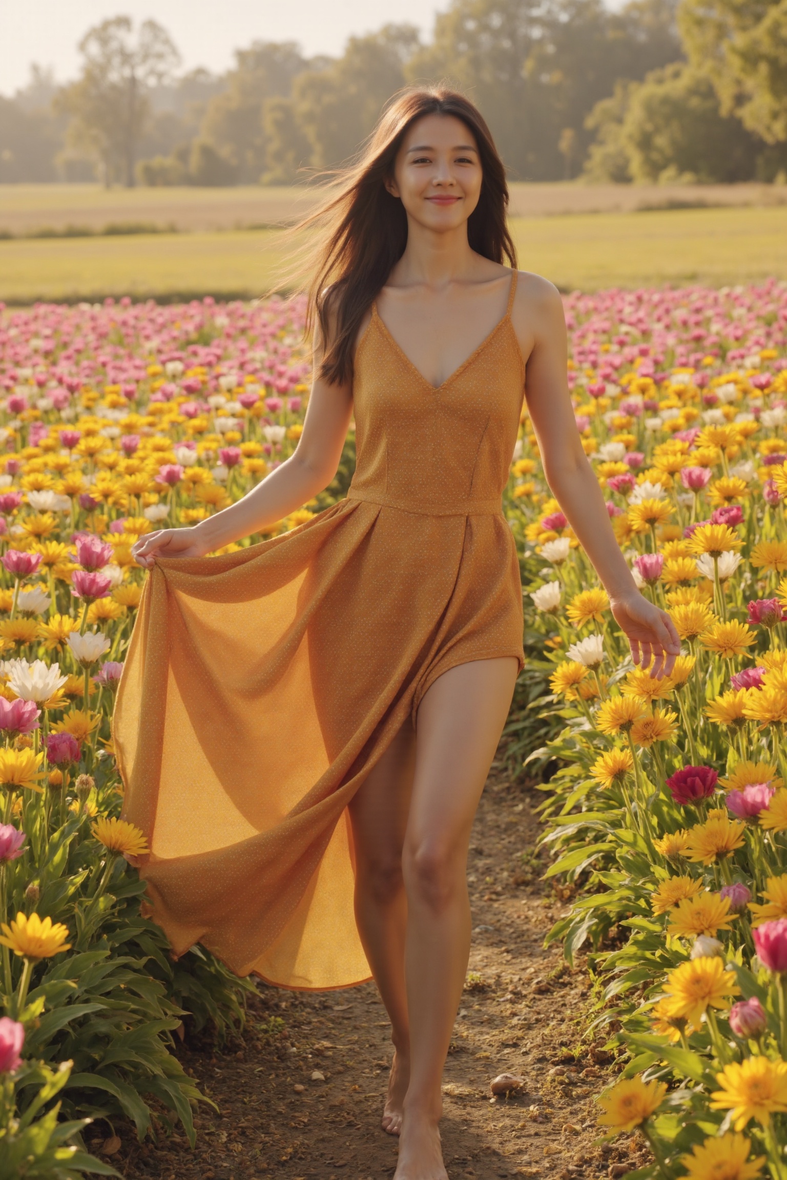 A beautiful woman in a vibrant dress,  barefoot and dancing gracefully in a field of flowers. The scene is framed mid-shot...