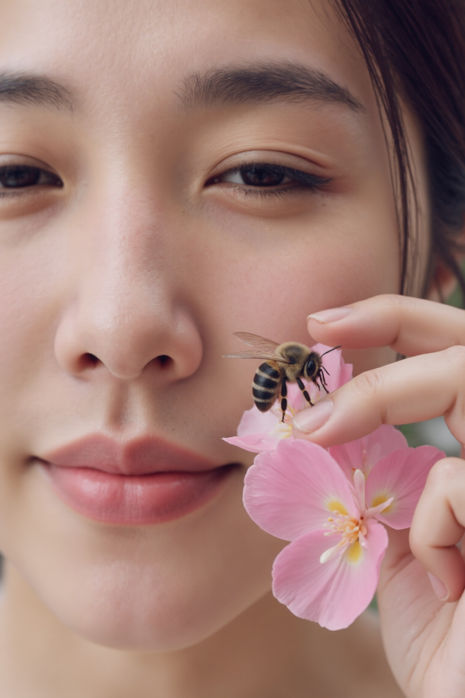 A beautiful woman with crossed eyes,  looking intently at a bee resting on a flower. The scene is framed close-up,  with s...