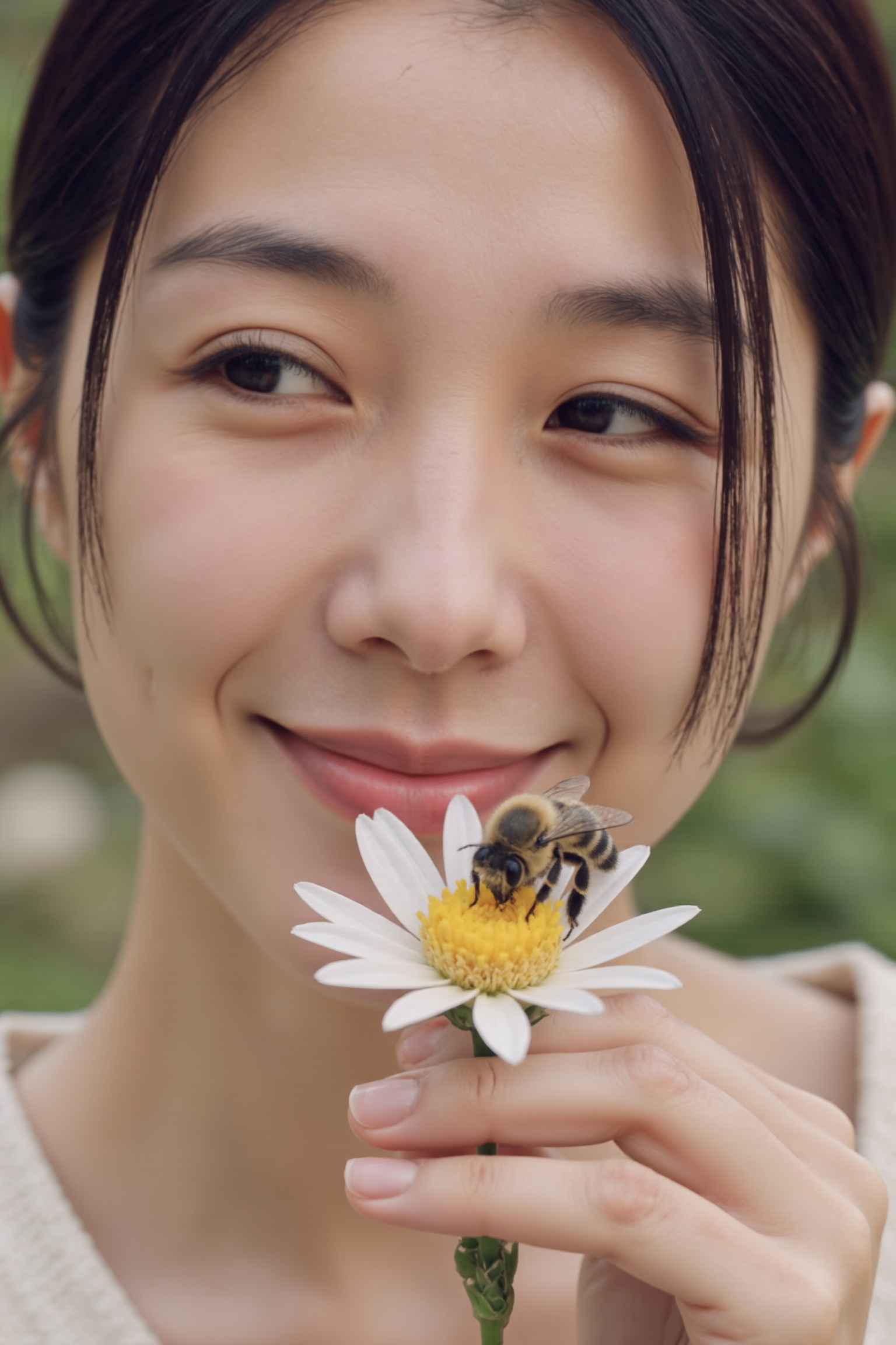 A beautiful woman with crossed eyes,  looking intently at a bee resting on a flower. The scene is framed close-up,  with s...