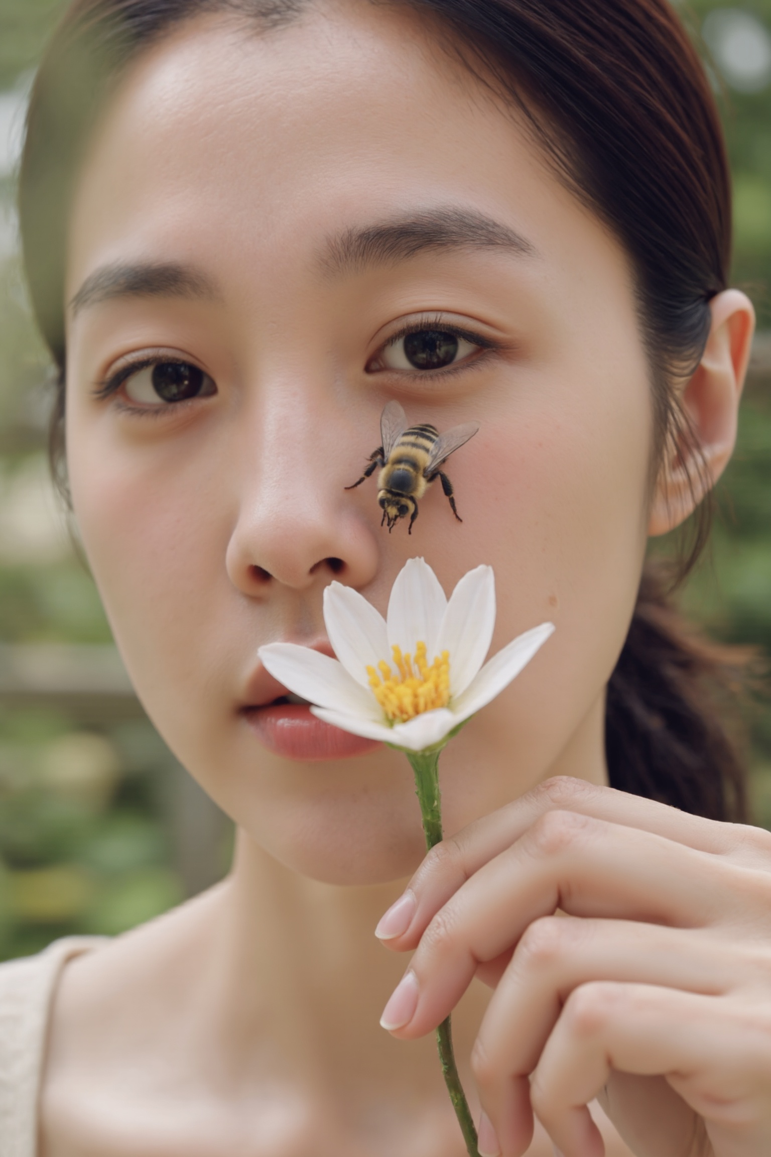 A beautiful woman with crossed eyes,  looking intently at a bee resting on a flower. The scene is framed close-up,  with s...