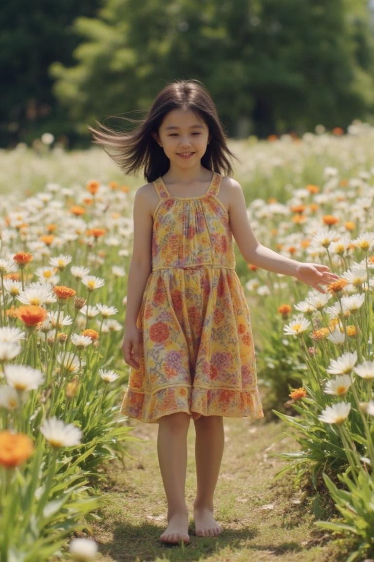 A 5-year-old girl in a vibrant dress,  barefoot and dancing joyfully in a field of flowers. The scene is framed in a 7/8 s...