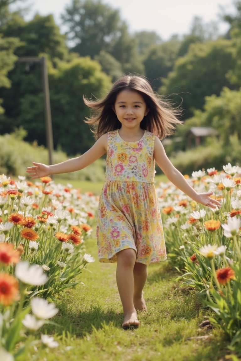 A 5-year-old girl in a vibrant dress,  barefoot and dancing joyfully in a field of flowers. The scene is framed in a 7/8 s...
