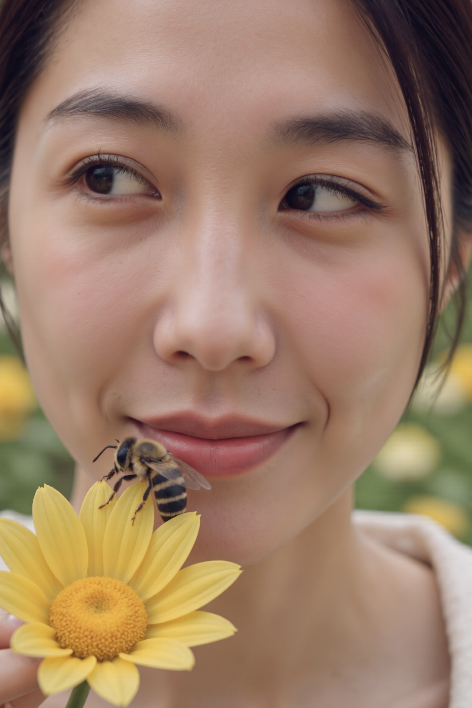 A beautiful woman with crossed eyes,  looking intently at a bee resting on a flower. The scene is framed close-up,  with s...