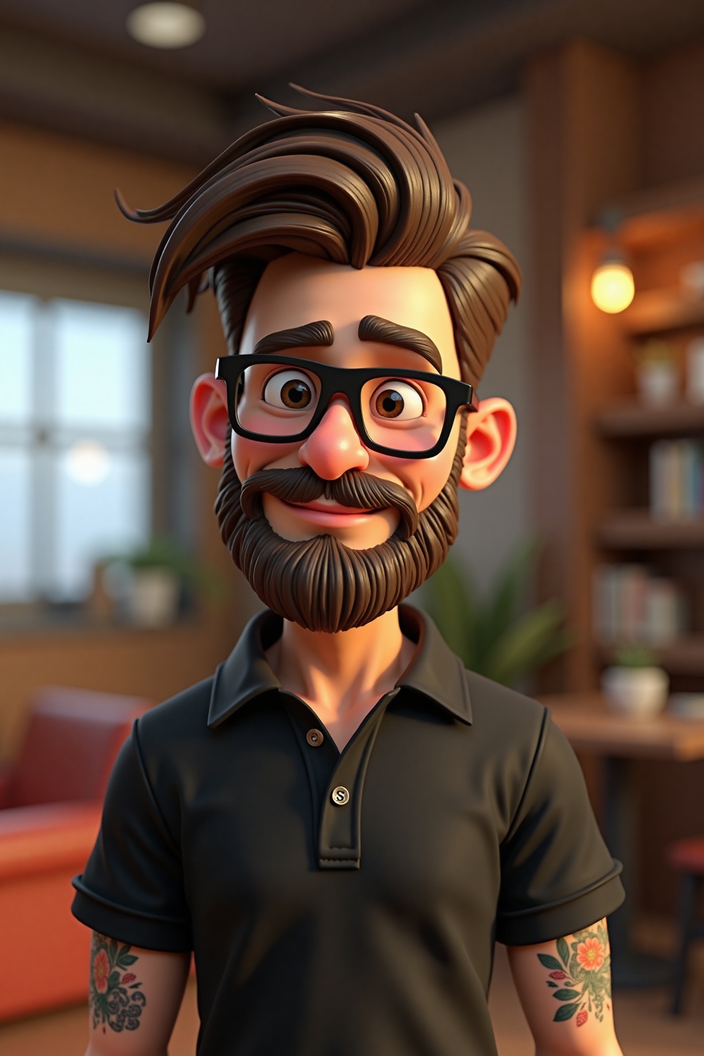 Cartoon character of a man with black glasses and a black polo shirt,  straight hair,  With a beard and an old school tatt...