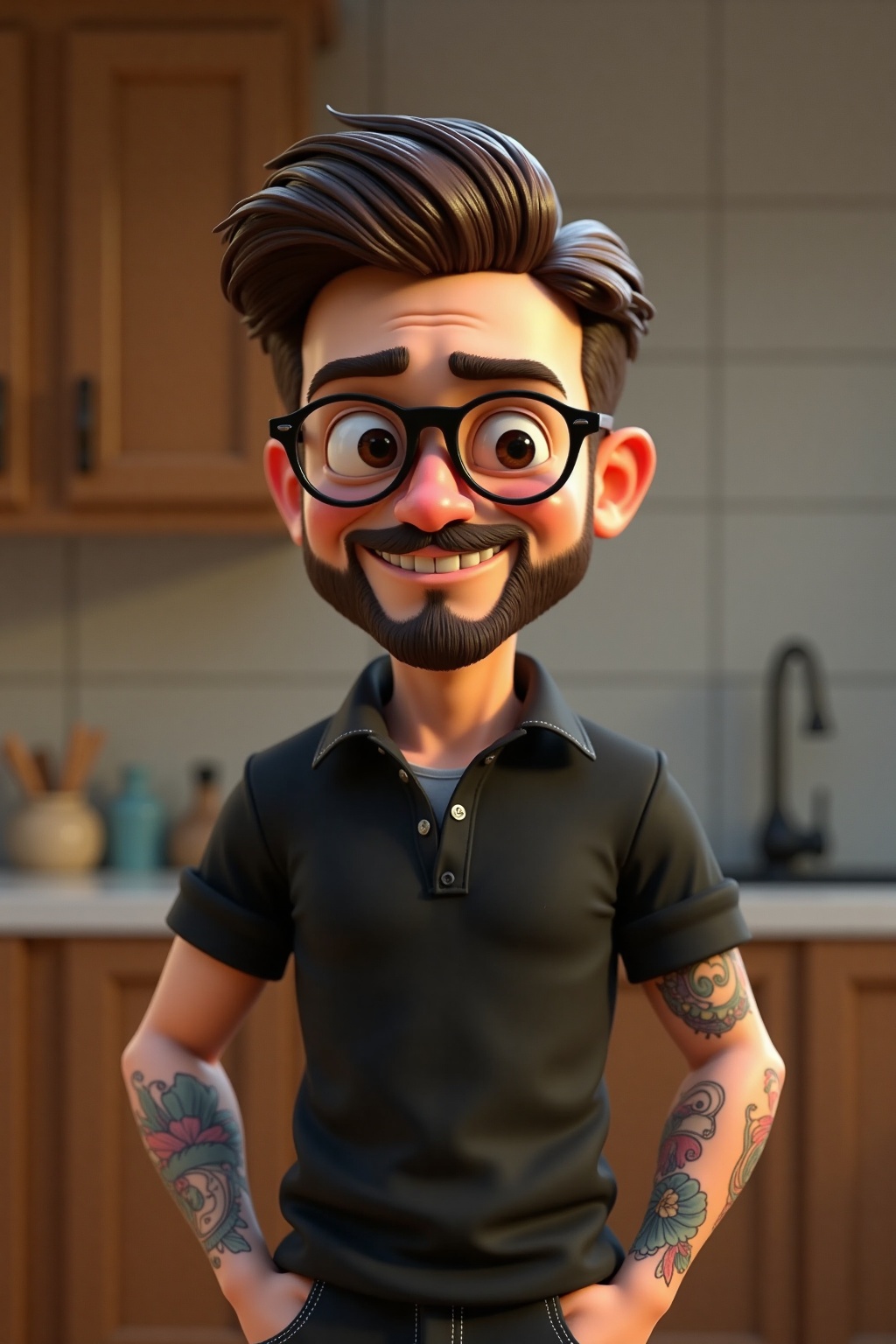 Cartoon character of a man with black glasses and a black polo shirt,  straight hair,  With a beard and an old school tatt...