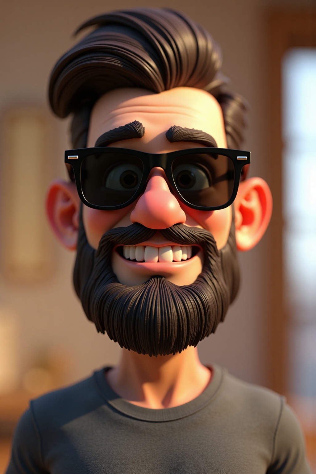 personagem dos desenhos animados de um homem careca com barba,  with sunglasses and a dark gray shirt,  animation characte...