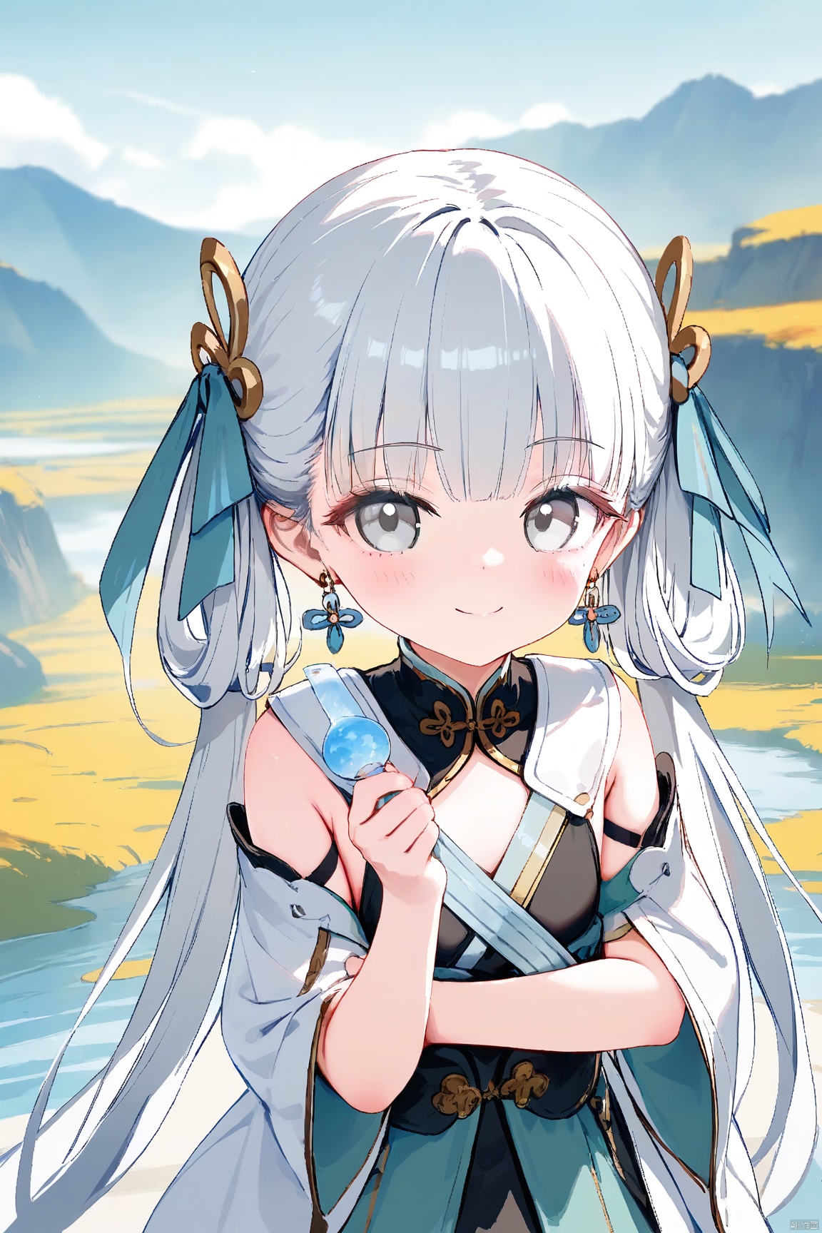 artist:usashiro_mani,artist:houkisei,[artist: wlop],artist:chen_bin,[[artist:ke-ta]],artist:ciloranko,,good work, (best quality), illustration, depth of field, (color),masterpiece,best quality,,petite,cute,loli,1girl, solo, long hair, looking at viewer, smile, bangs, hair ornament, holding, twintails, jewelry, closed mouth, upper body, white hair, earrings, grey eyes,jinhsi