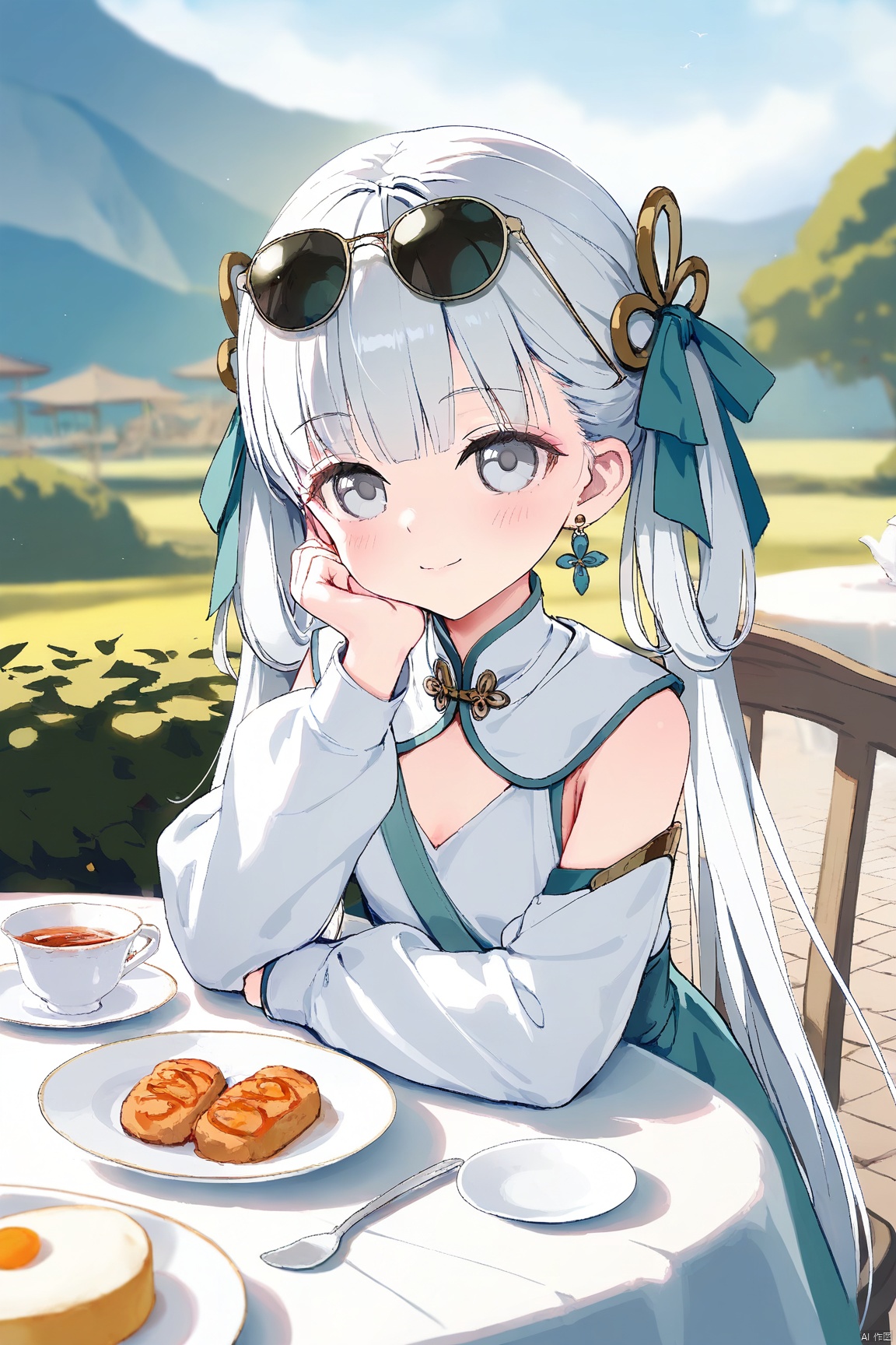 artist:usashiro_mani,artist:houkisei,[artist: wlop],artist:chen_bin,[[artist:ke-ta]],artist:ciloranko,,good work, (best quality), illustration, depth of field, (color),masterpiece,best quality,,petite,cute,loli,1girl, solo, long hair, looking at viewer, smile, bangs, blue eyes, hair ornament, long sleeves, ribbon, holding, sitting, hair ribbon, white shirt, white hair, earrings, outdoors, detached sleeves, food, cup, grey eyes, chair, table, sunglasses, eyewear on head, plate, teacup, tea, saucer,,jinhsi