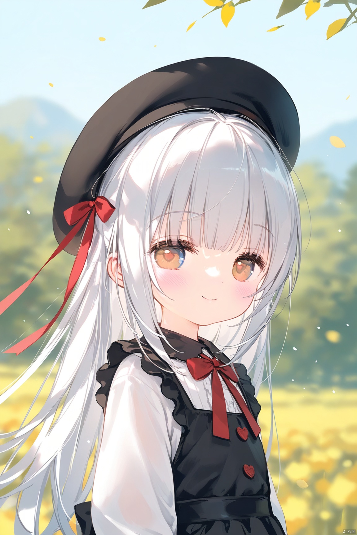 good work, (best quality), illustration, depth of field, (color),masterpiece,best quality,petite,cute,loli,artist:usashiro_mani,artist:houkisei,[artist: wlop],artist:chen_bin,[[artist:ke-ta]],artist:ciloranko,1girl, solo, long hair, (little_girl:1.2),(petite:1.1),bright_pupils,blue eyes,gothic_lolita,dress,loli,looking at viewer, blush, smile, bangs, white hair, shirt, long sleeves, hat, dress, ribbon, brown eyes, closed mouth, hair ribbon, upper body, outdoors, frills, blurry, red ribbon, black headwear, blurry background, loli