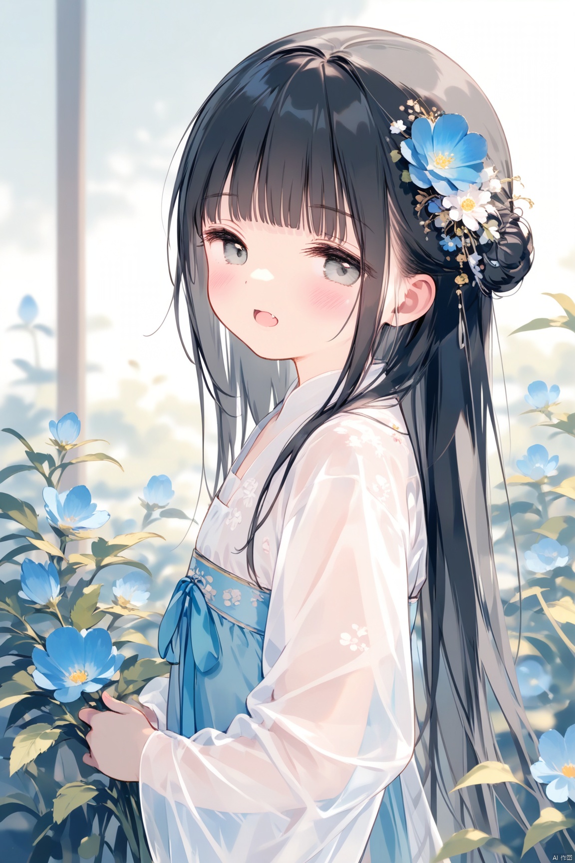 1girl, solo, long hair, looking at viewer, blush, open mouth, bangs, black hair, hair ornament, long sleeves, upper body, flower, fang, hair flower, wide sleeves, blunt bangs, hair bun, from side, see-through, looking to the side, grey eyes, plant, white flower, blue flower,hanfu,good work, (best quality), illustration, depth of field, (color),masterpiece,best quality,petite,cute,loli