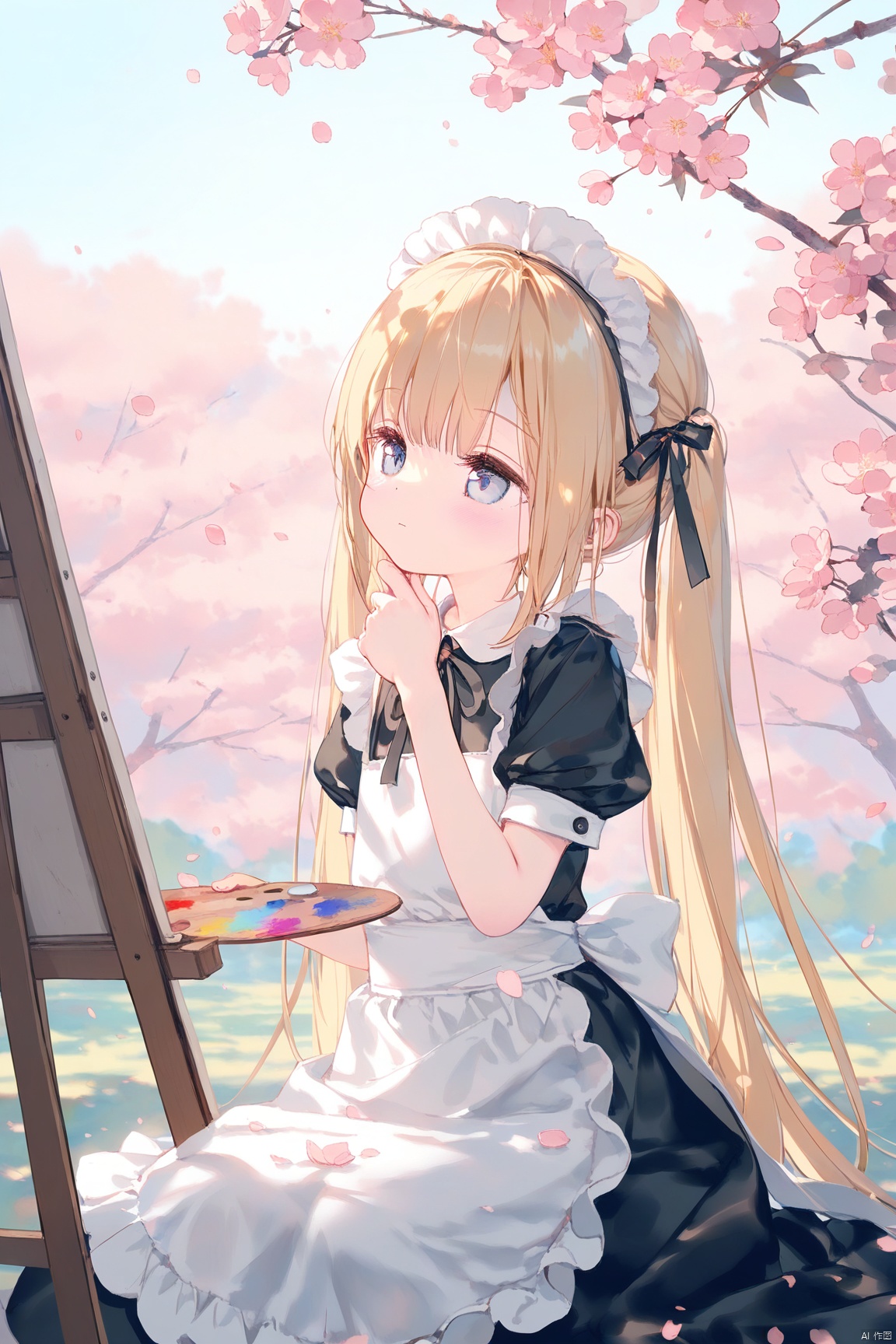 good work, (best quality), illustration, depth of field, (color),masterpiece,best quality,petite,cute,loli,artist:usashiro_mani,artist:houkisei,[artist: wlop],artist:chen_bin,[[artist:ke-ta]],artist:ciloranko,1girl, solo,long_hair,dress,palette_(object),barefoot,sitting,white_dress,maid_headdress,puffy_short_sleeves,apron,maid,bangs,black_ribbon,closed_mouth,one hand on chin,full_body,easel,day,Pink_flower,flowers,Cherry blossom,Cherry blossom petals,The cherry blossoms are falling