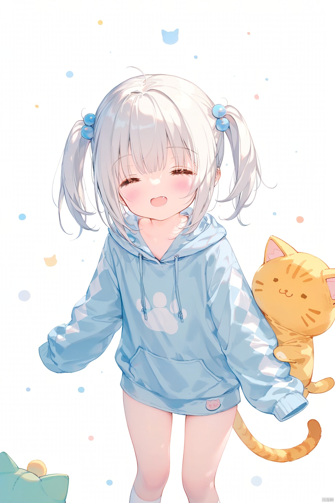 good work, (best quality), illustration, depth of field, (color),masterpiece,best quality,petite,cute,loli,artist:usashiro_mani,artist:houkisei,[artist: wlop],artist:chen_bin,[[artist:ke-ta]],artist:ciloranko,1girl,closed_eyes,hood,twintails,long_sleeves,hair_ornament,animal_costume,socks,smile,cat_costume,bangs,sleeves_past_wrists,sleeves_past_fingers,open_mouth,blush,hair_bobbles,tail,animal_hood,standing,simple_background,white_background,hoodie,loli,plaid, argyle legwear, argyle,stuffed_toy,takanashi_hoshino,White hair,