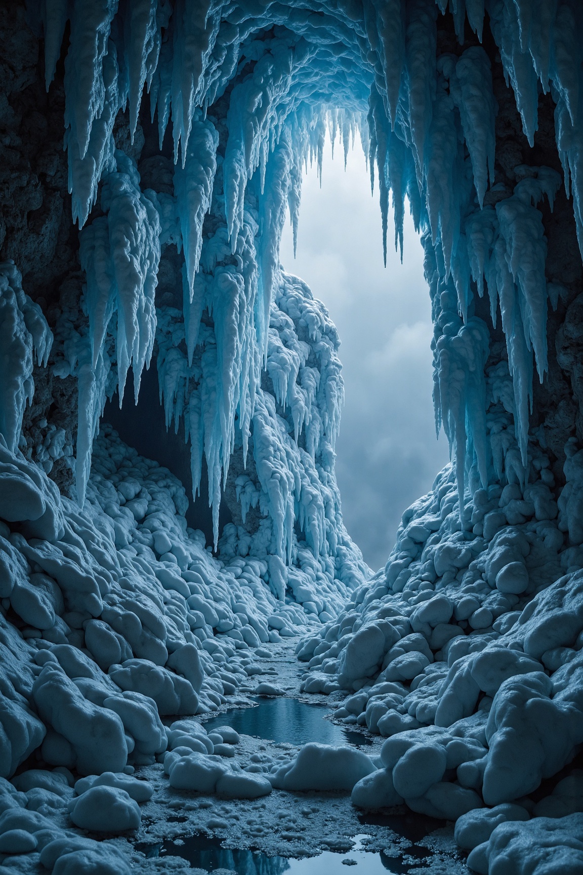 A vast,  mysterious cavern illuminated by an ethereal blue glow reflecting off the jagged walls coated with delicate rime...