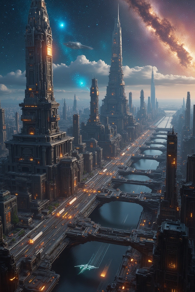 A breathtaking futuristic space megapolis viewed from above,  showcasing a sprawling,  high-tech cityscape filled with int...