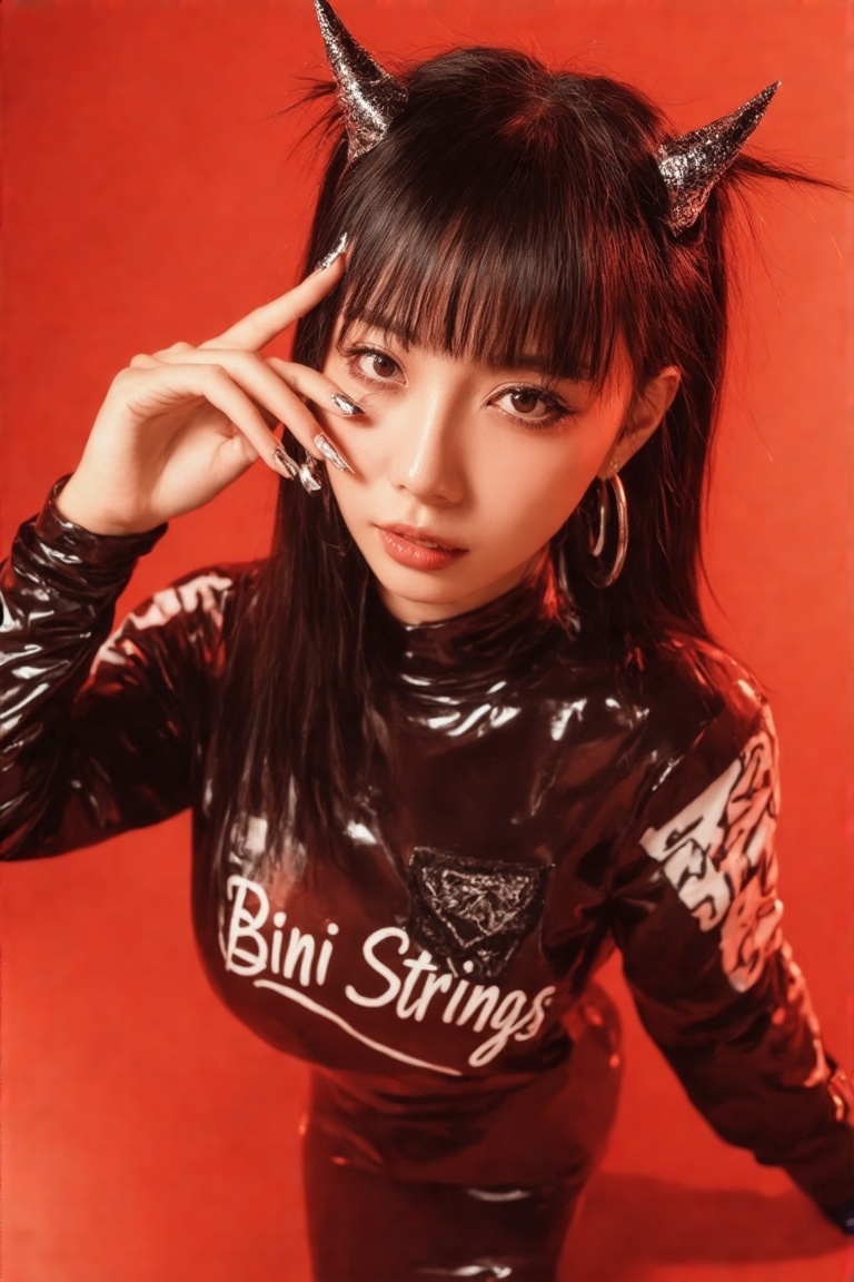This urban phonk kei streetphotography featuring a young woman with a bold,  edgy style. She is standing against a vivid r...