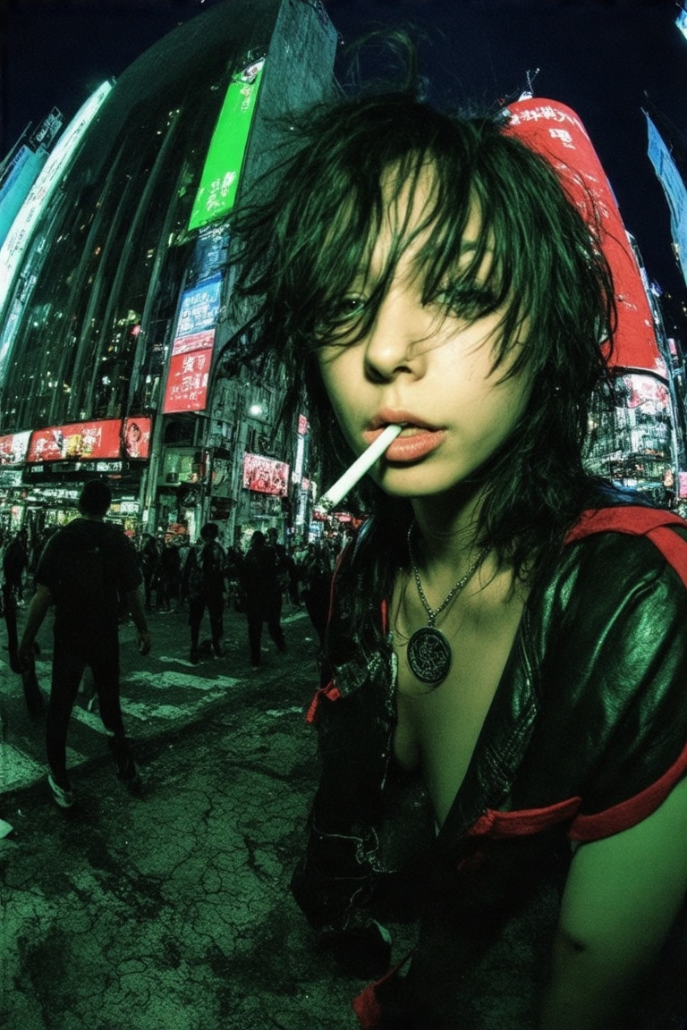 This urban phonk kei streetphotography is a vibrant,  high-contrast photograph taken at night in a bustling urban setting,...