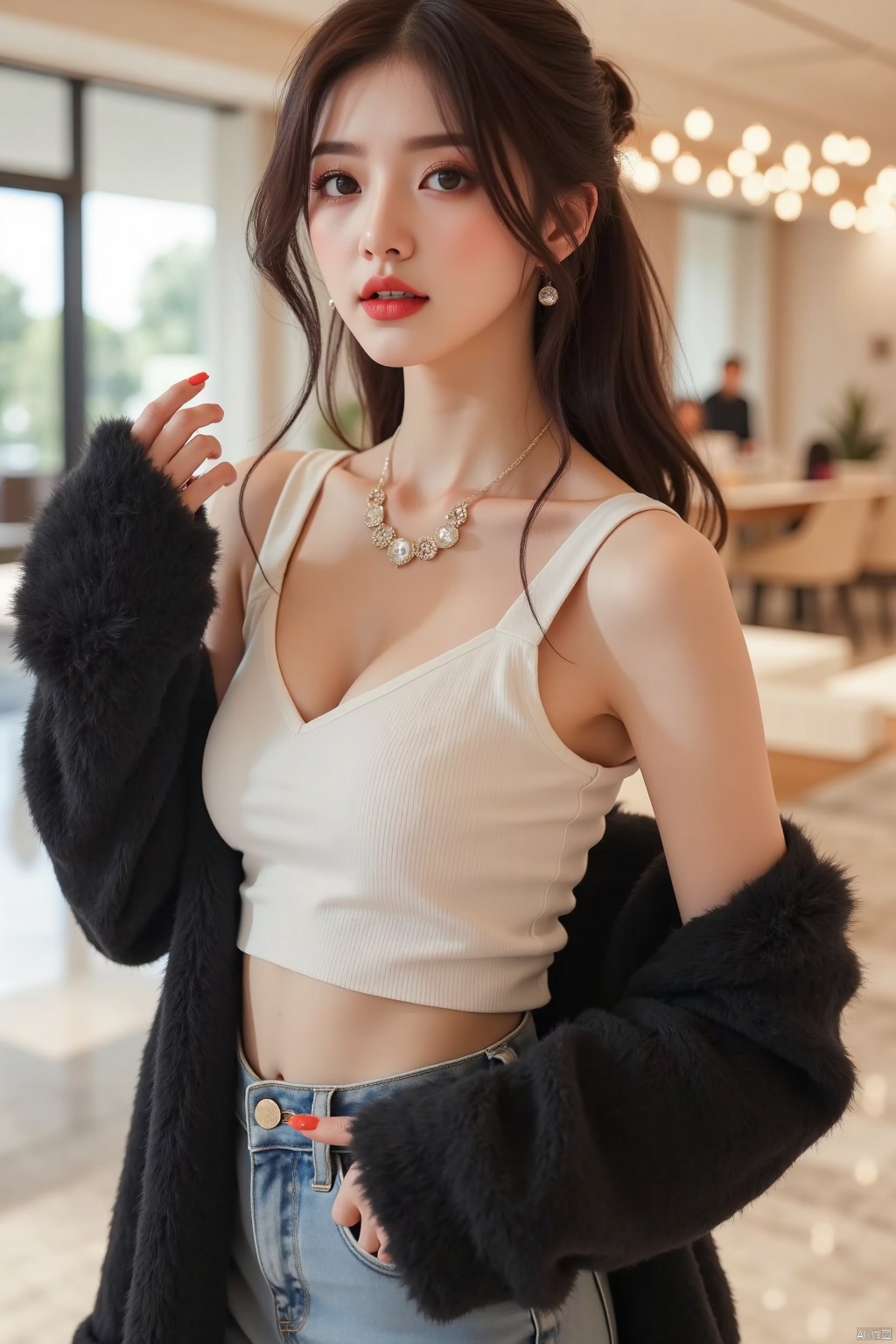 ,(Masterpiece, Best Picture Quality),(Realistic, Realistic:1.1),Super Detailed,Illustration,1girl,adorable_girl,naughty_face,huge filesize,(available light:1.2),(blur:1.2),jewelry,solo,brunette,looking at the audience,earrings,necklaces,high heels,bare shoulders,red lips,collarbones,makeup,covering,day,bun,lipstick,skirt,bodystocking,t-shirt,fur-trimmed_coat,long hair,(jeans:1.2),standing,full_shot,
Depth of field, realistic lighting, ray tracing, OC renderer, UE5 renderer, ultra realistic, best quality, 8K, master level work, ultra fine, details, correct human body structure,