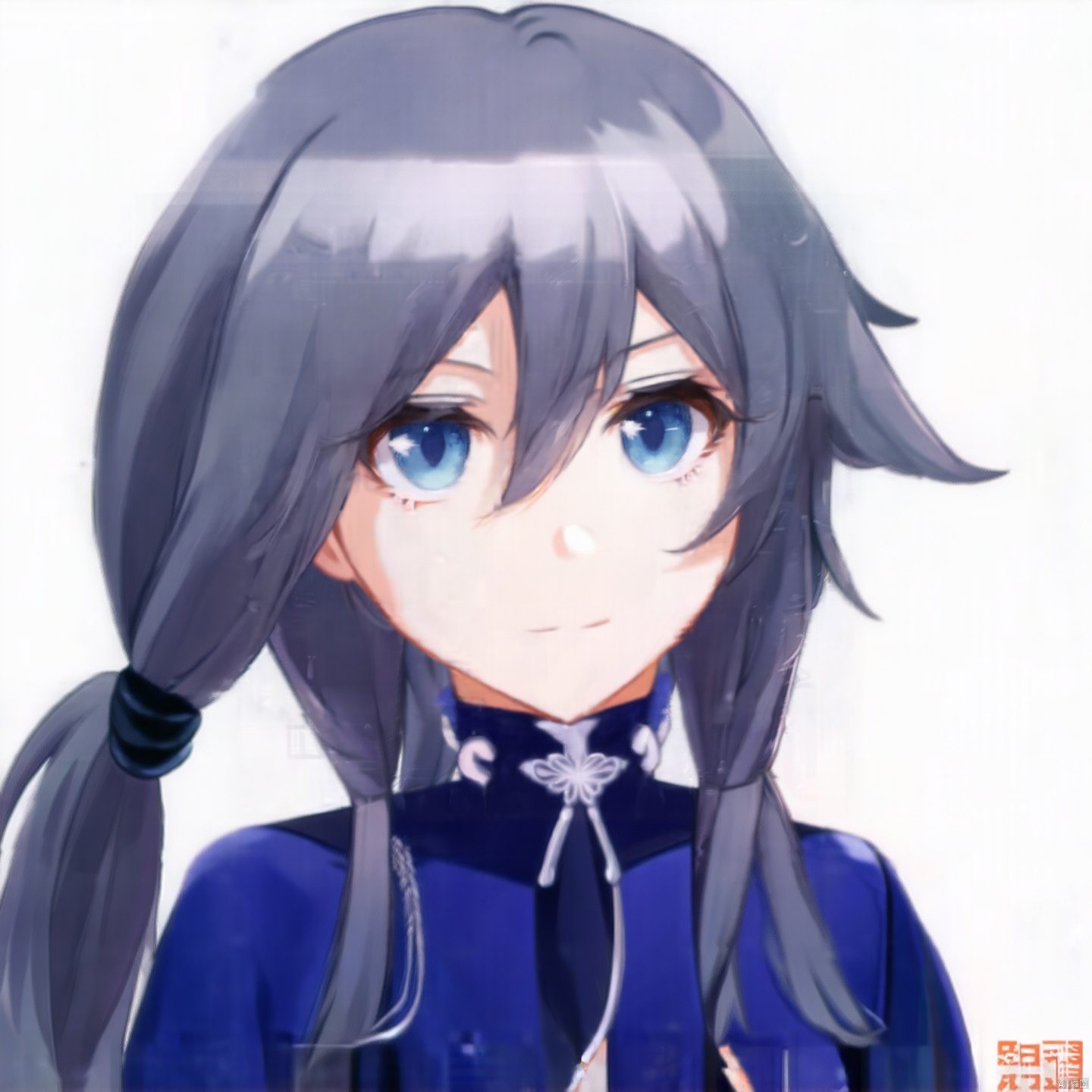 fu_hua, fu_hua cgver, long hair, bangs,blue eyes, hair between eyes, ponytail,hair ornament, grey hair, blue hair,