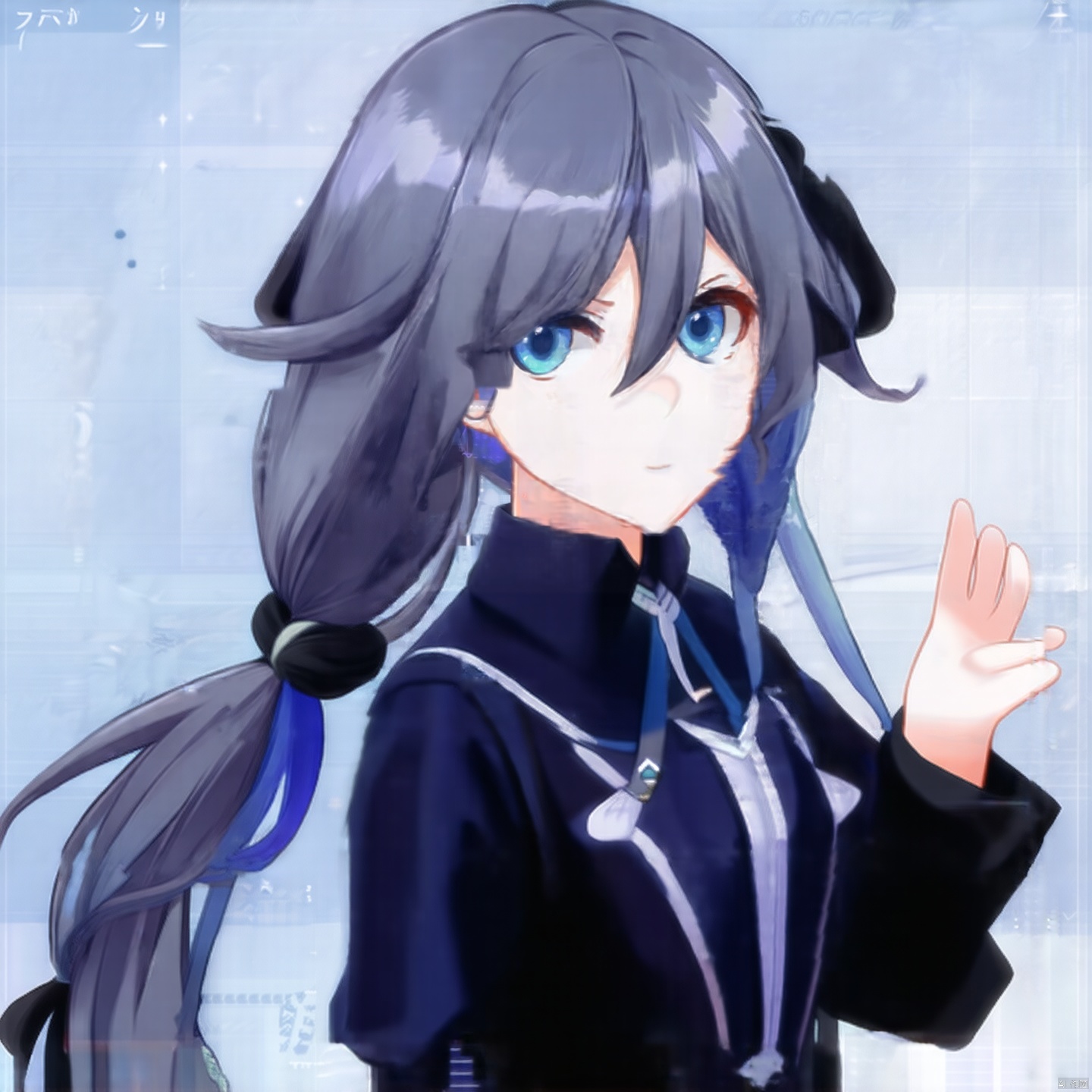 fu_hua, fu_hua cgver, long hair, bangs,blue eyes, hair between eyes, ponytail,hair ornament, grey hair, blue hair,
