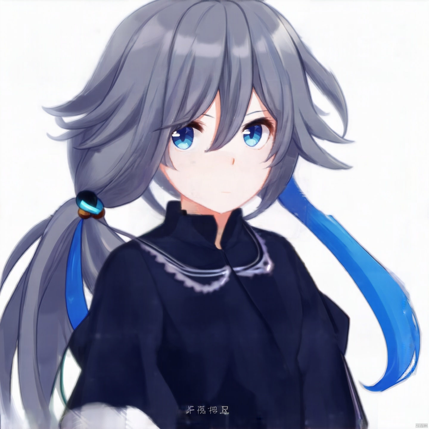 fu_hua, fu_hua cgver, long hair, bangs,blue eyes, hair between eyes, ponytail,hair ornament, grey hair, blue hair,
