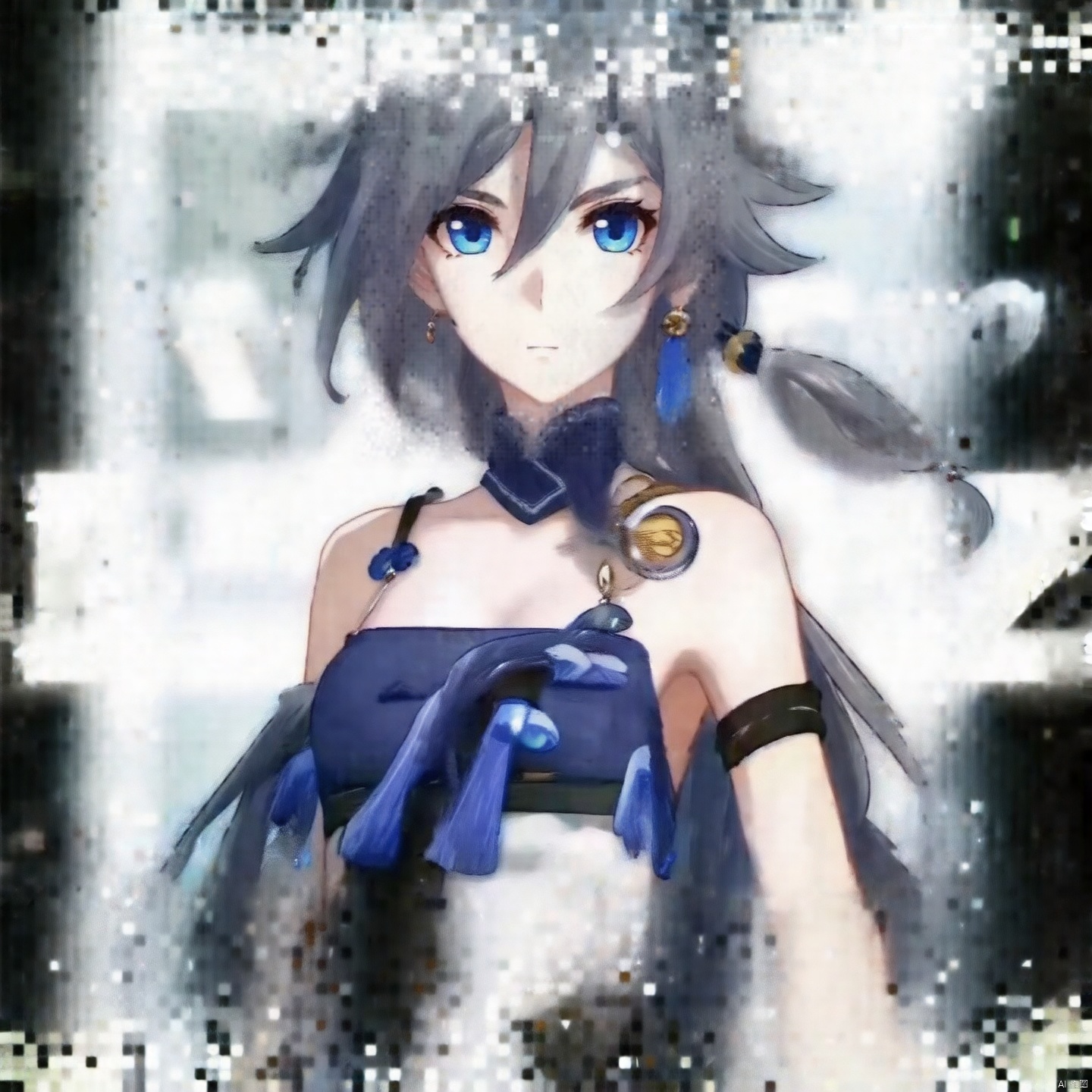 fu_hua, fu_hua cgver, long hair, bangs,blue eyes, hair between eyes, ponytail,hair ornament, grey hair, blue hair,