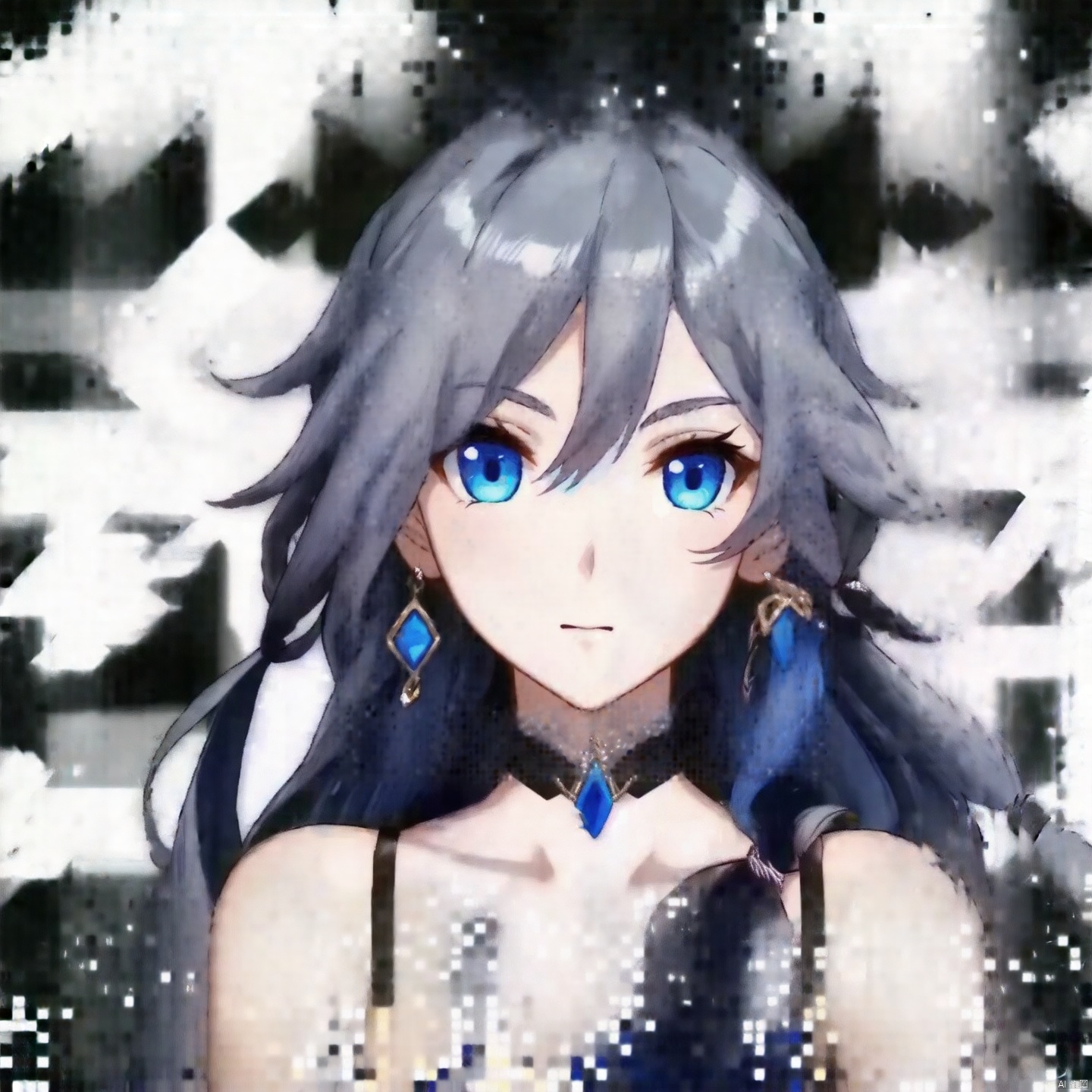 fu_hua, fu_hua cgver, long hair, bangs,blue eyes, hair between eyes, ponytail,hair ornament, grey hair, blue hair,