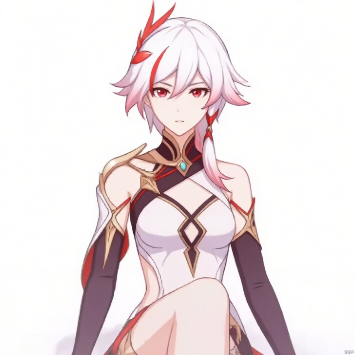 (white background:1.2),looking at viewer,(SOLO:1.4),outline,simple background, fu hua, fu hua cgver, long hair, bangs,hair ornament,red eyes,hair between eyes,white hair, multicolored hair,streaked hair, smile, small breasts,red hair, pink hair,low-tied long hair