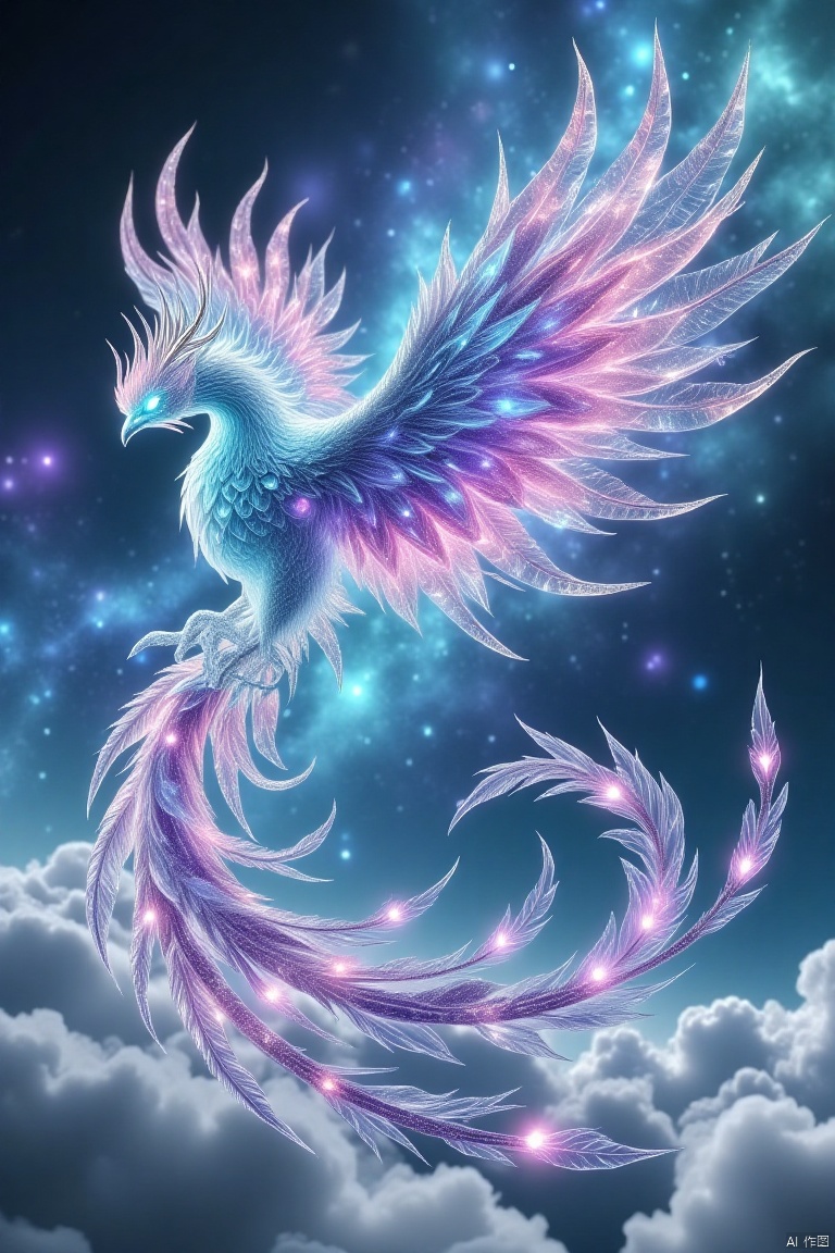 Vibrant phoenix soars through the sky, against a backdrop of cerulean blue and wispy clouds. The majestic bird's plumage shimmers like a celestial canvas, as if containing a kaleidoscope of stars and galaxies within its radiant feathers. Nine long quill-like feathers trailing behind, like a divine banner waving in triumph.,bingdiao,Fenghuang