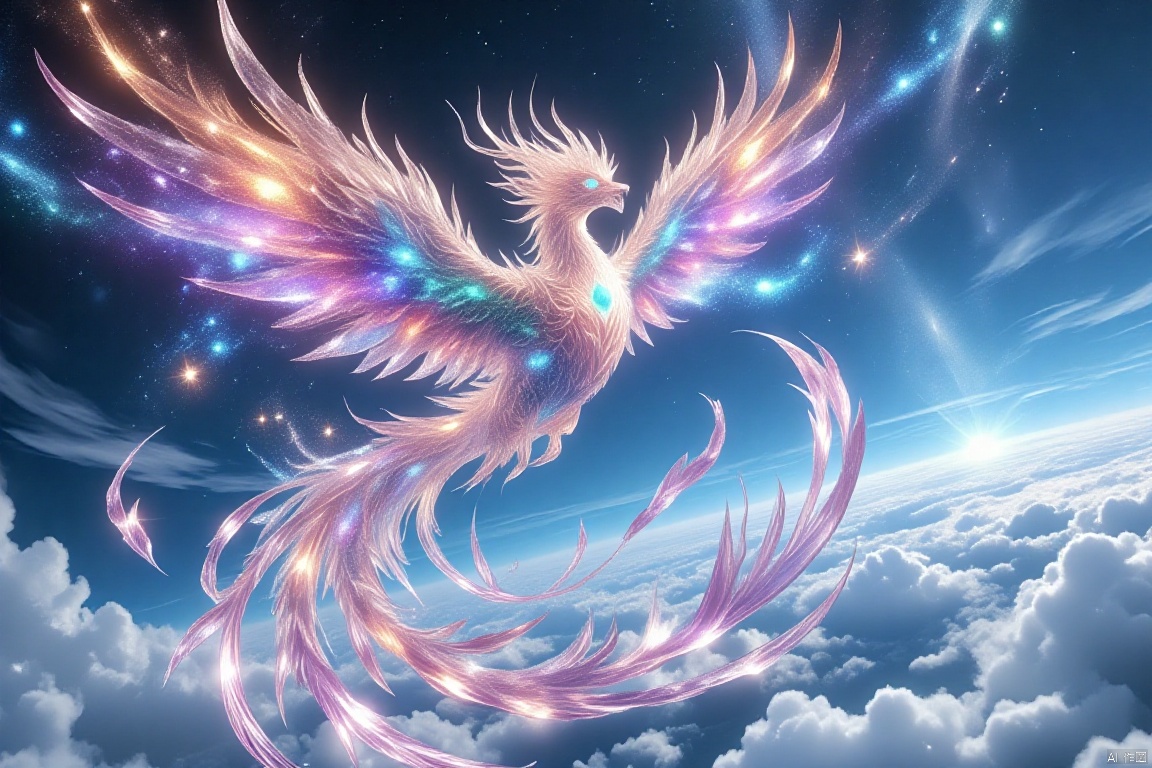 Vibrant phoenix soars through the sky, against a backdrop of cerulean blue and wispy clouds. The majestic bird's plumage shimmers like a celestial canvas, as if containing a kaleidoscope of stars and galaxies within its radiant feathers. Nine long quill-like feathers trailing behind, like a divine banner waving in triumph.,bingdiao,Fenghuang