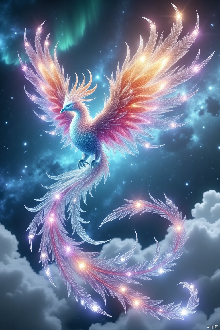 Vibrant phoenix soars through the sky, against a backdrop of cerulean blue and wispy clouds. The majestic bird's plumage shimmers like a celestial canvas, as if containing a kaleidoscope of stars and galaxies within its radiant feathers. Nine long quill-like feathers trailing behind, like a divine banner waving in triumph.,bingdiao,Fenghuang