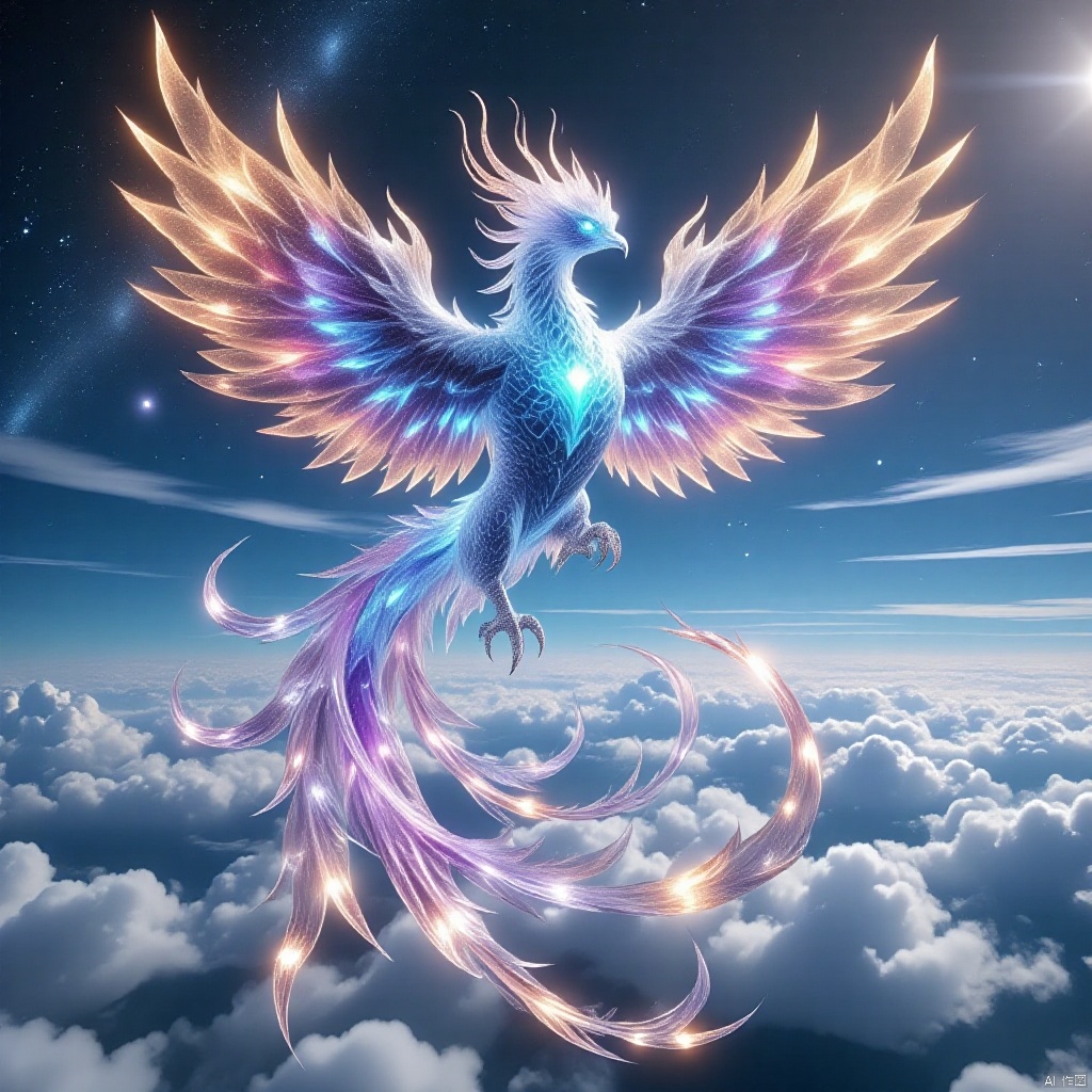Vibrant phoenix soars through the sky, against a backdrop of cerulean blue and wispy clouds. The majestic bird's plumage shimmers like a celestial canvas, as if containing a kaleidoscope of stars and galaxies within its radiant feathers. Nine long quill-like feathers trailing behind, like a divine banner waving in triumph.,bingdiao,Fenghuang