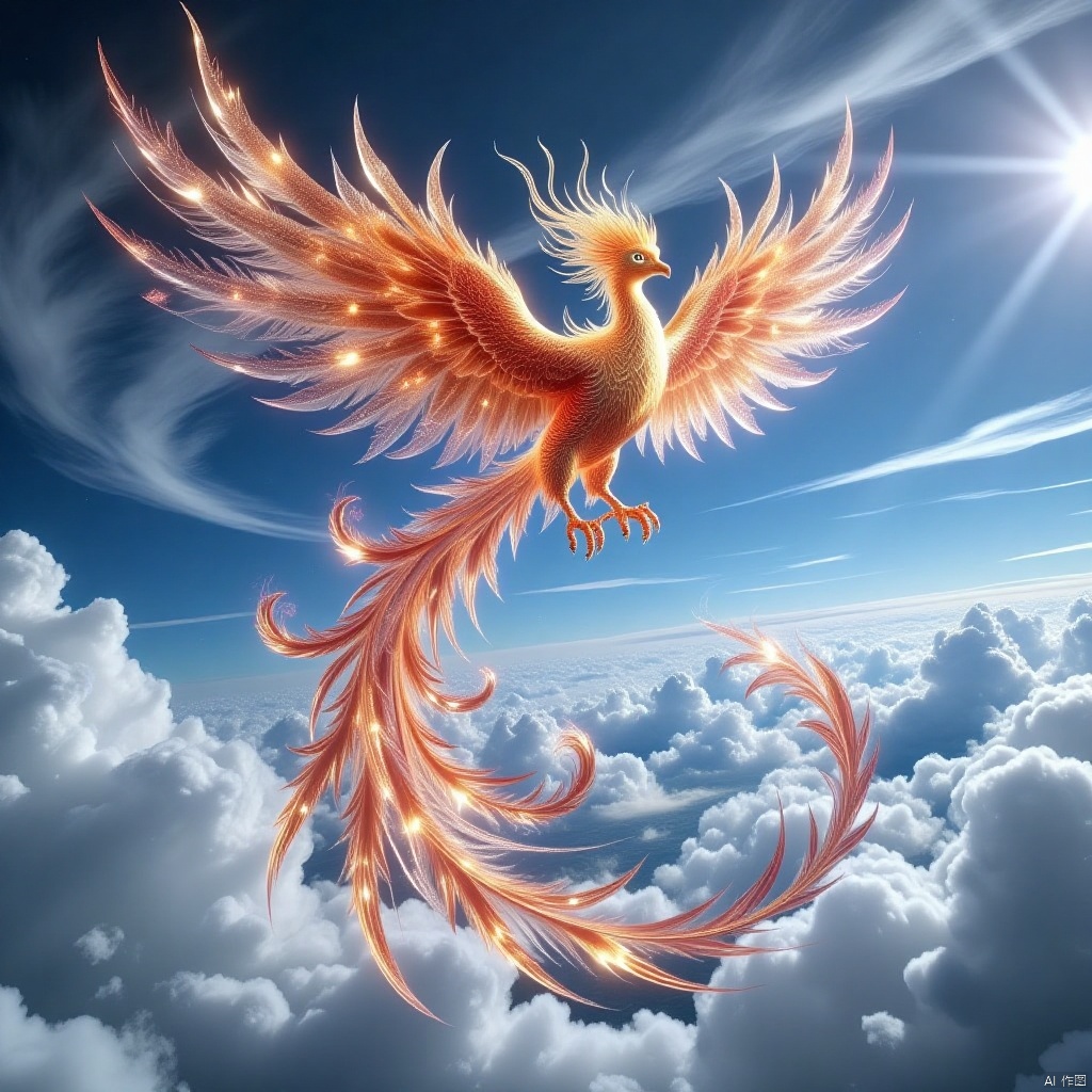 Vibrant phoenix soars through the sky, against a backdrop of cerulean blue and wispy clouds. The majestic bird's plumage shimmers like a celestial canvas, as if containing a kaleidoscope of stars and galaxies within its radiant feathers. Nine long quill-like feathers trailing behind, like a divine banner waving in triumph.,bingdiao,Fenghuang