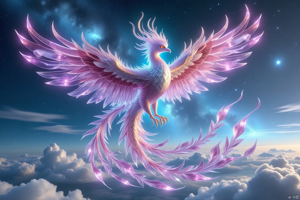 Vibrant phoenix soars through the sky, against a backdrop of cerulean blue and wispy clouds. The majestic bird's plumage shimmers like a celestial canvas, as if containing a kaleidoscope of stars and galaxies within its radiant feathers. Nine long quill-like feathers trailing behind, like a divine banner waving in triumph.,bingdiao,Fenghuang