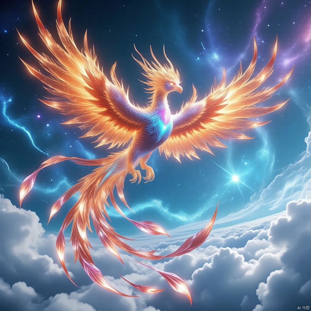 Vibrant phoenix soars through the sky, against a backdrop of cerulean blue and wispy clouds. The majestic bird's plumage shimmers like a celestial canvas, as if containing a kaleidoscope of stars and galaxies within its radiant feathers. Nine long quill-like feathers trailing behind, like a divine banner waving in triumph.,bingdiao,Fenghuang