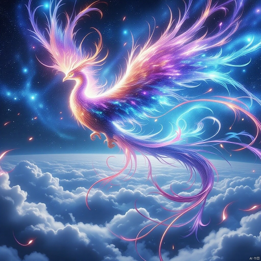 Vibrant phoenix soars through the sky, against a backdrop of cerulean blue and wispy clouds. The majestic bird's plumage shimmers like a celestial canvas, as if containing a kaleidoscope of stars and galaxies within its radiant feathers. Nine long quill-like feathers trailing behind, like a divine banner waving in triumph.,bingdiao,Fenghuang